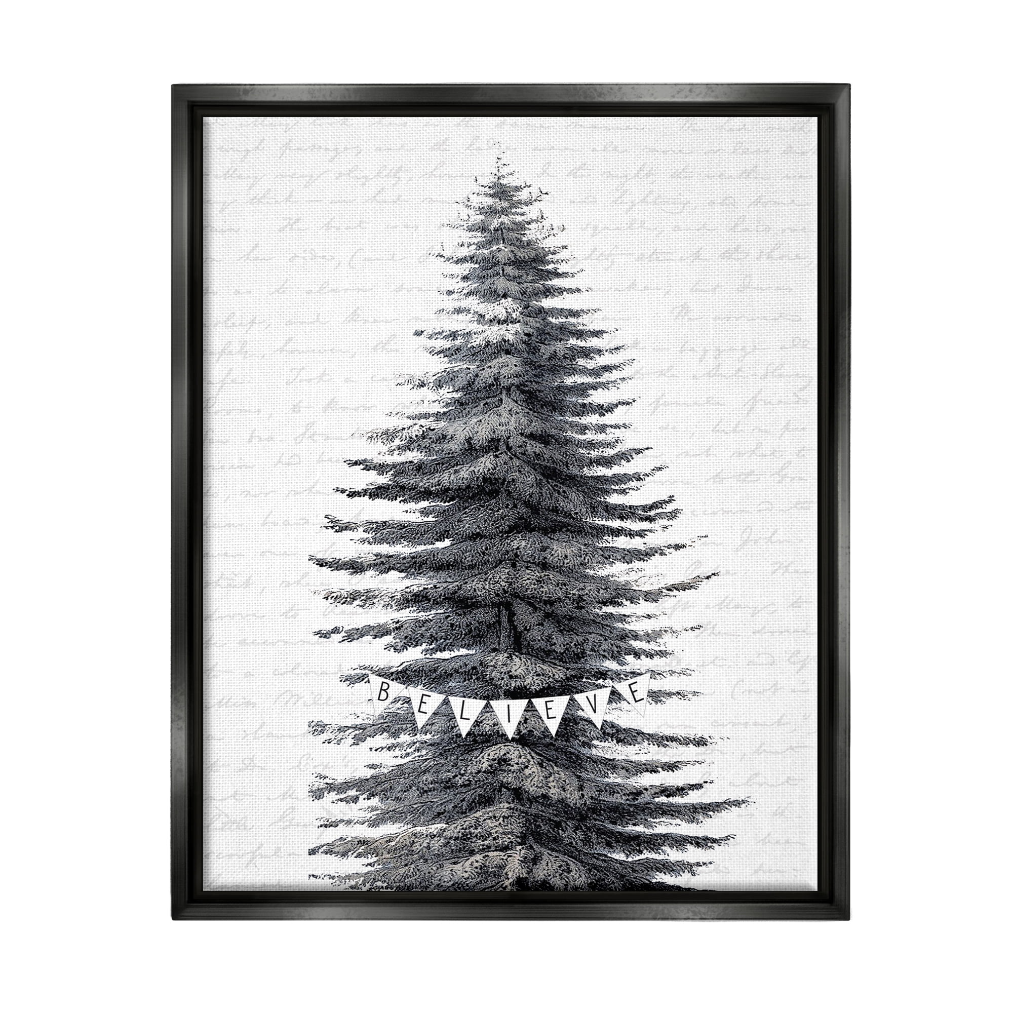 Stupell Industries Snow Covered Christmas Tree Believe Holiday Word Design Jet Black Framed Floating Canvas Wall Art, 24x30, by Lettered and Lined