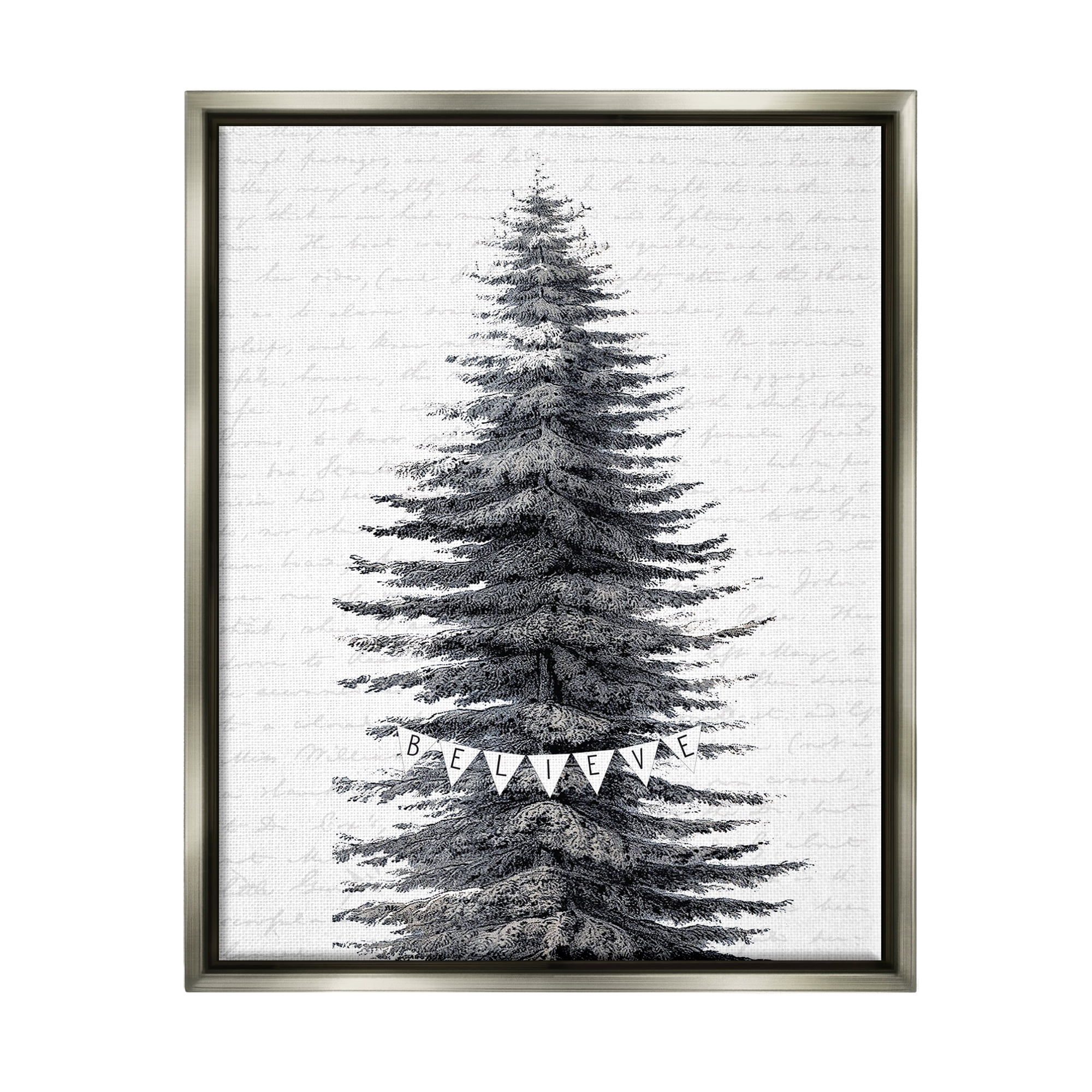 Stupell Industries Snow Covered Christmas Tree Believe Holiday Word Design Luster Gray Framed Floating Canvas Wall Art, 24x30, by Lettered and Lined