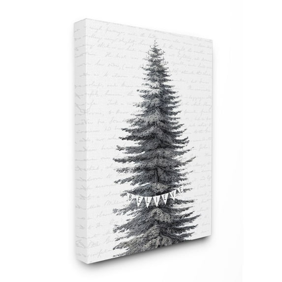 Stupell Industries Snow Covered Christmas Tree Believe Holiday Word DesignCanvas Wall Art By Artist Lettered and Lined
