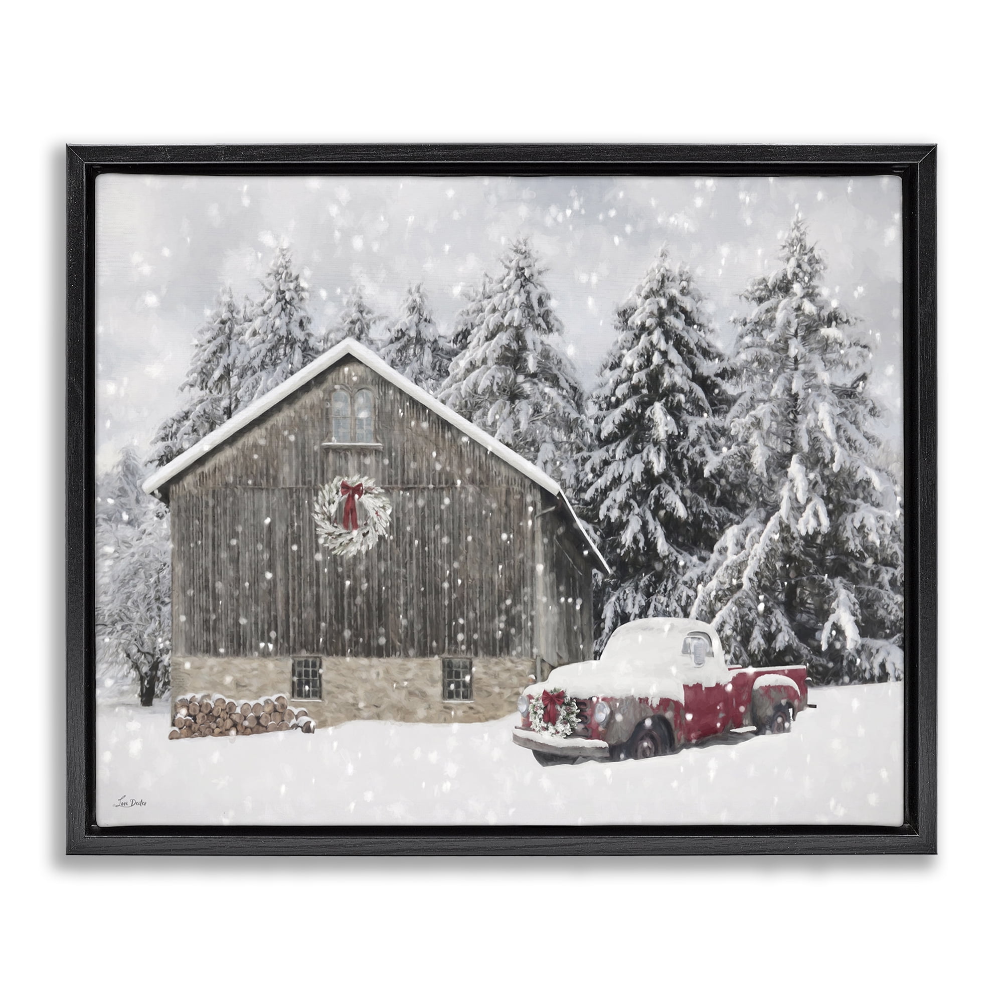Stupell Industries Snow Covered Farm Scene Holiday Painting Black Floater Framed Canvas Art Prints Wall Art, 31 x 25