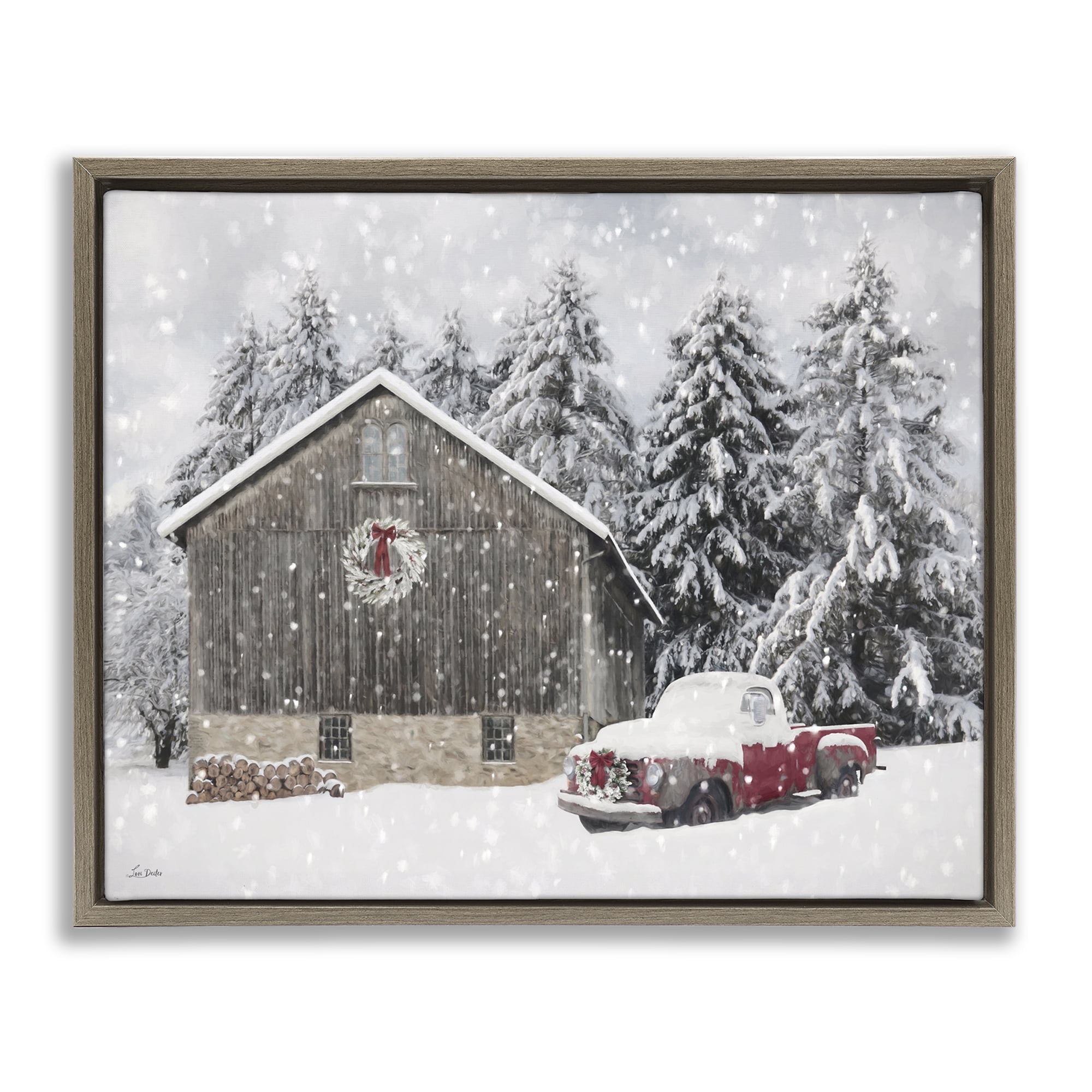Stupell Industries Snow Covered Farm Scene Holiday Painting Brown Floater Framed Canvas Art Prints Wall Art, 31 x 25
