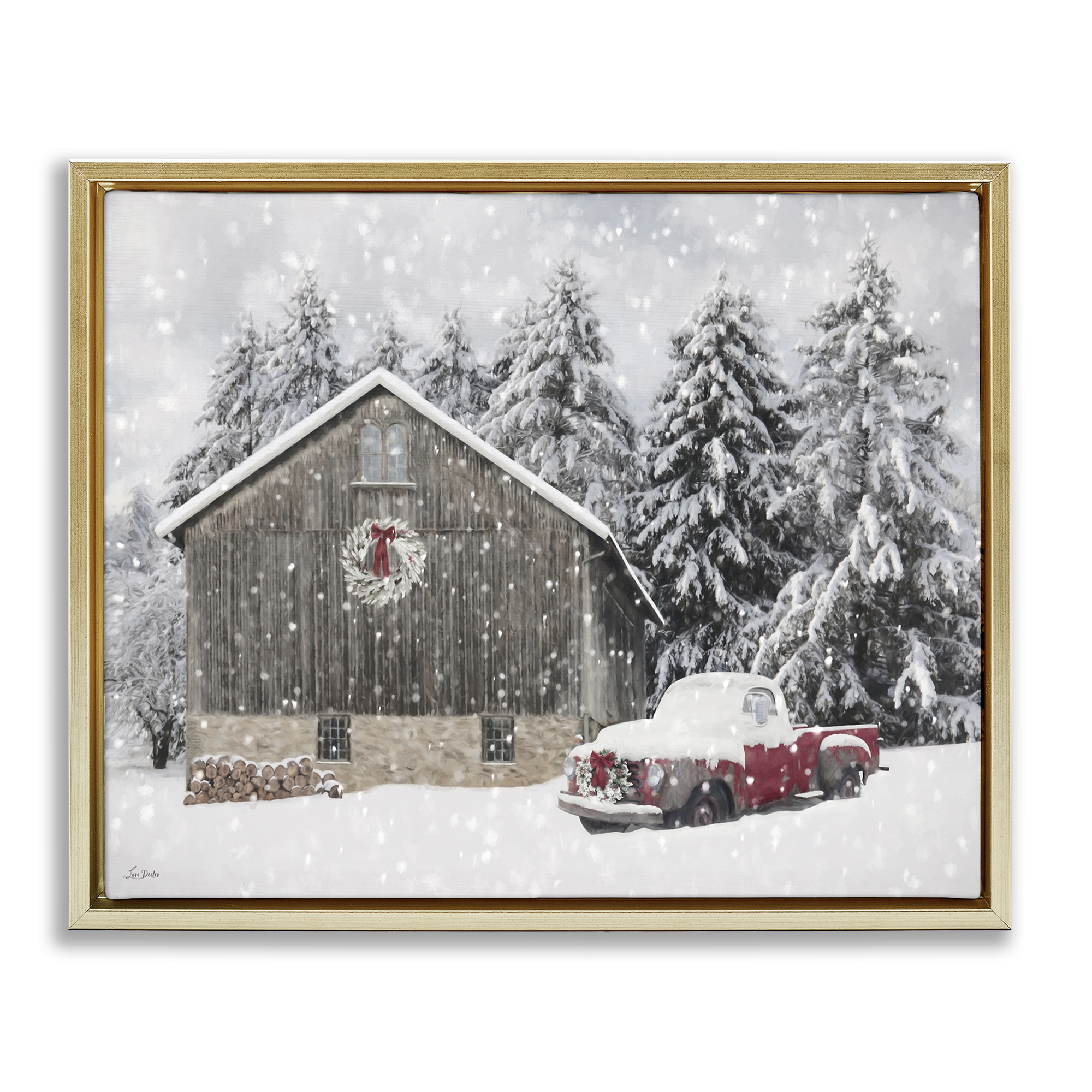 Stupell Industries Snow Covered Farm Scene Holiday Painting Gold Floater Framed Canvas Art Prints Wall Art, 21 x 17