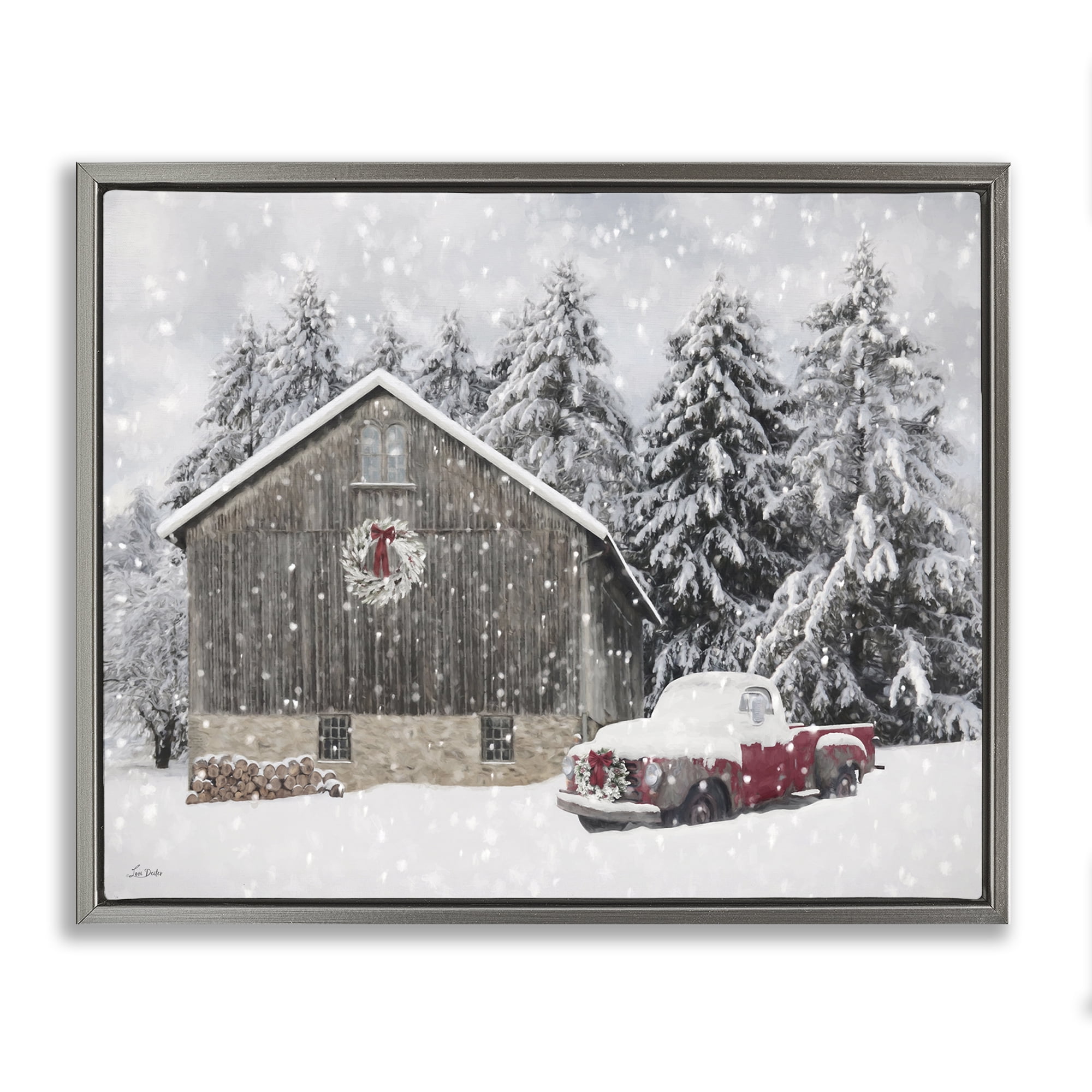 Stupell Industries Snow Covered Farm Scene Holiday Painting Gray Floater Framed Canvas Art Prints Wall Art, 31 x 25
