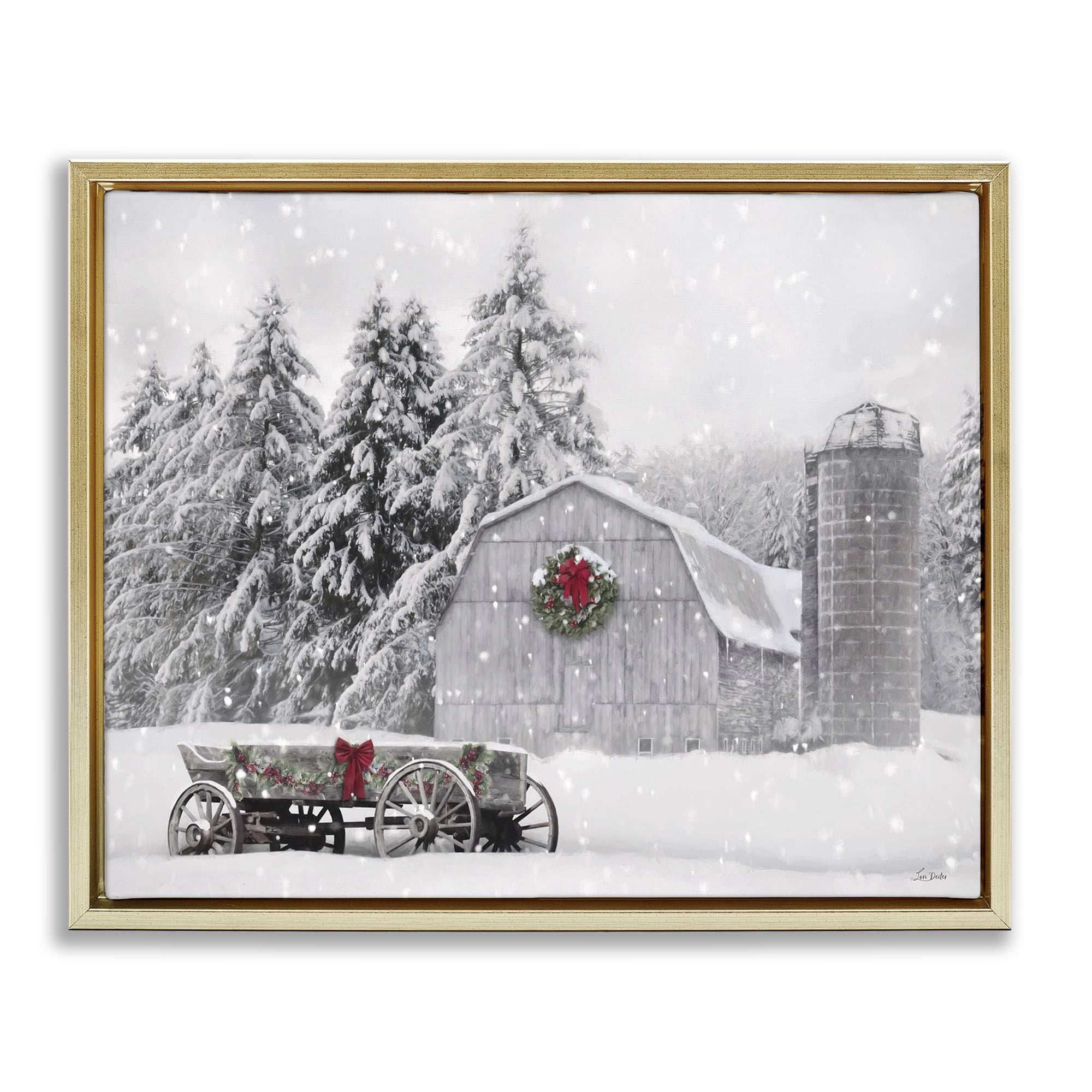 Stupell Industries Snow Covered Farmland Holiday Painting Gold Floater Framed Canvas Art Prints Wall Art, 21 x 17