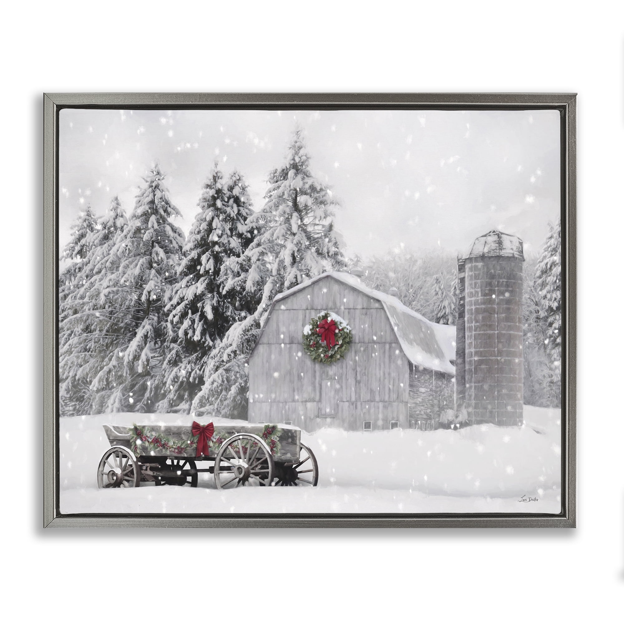 Stupell Industries Snow Covered Farmland Holiday Painting Gray Floater Framed Canvas Art Prints Wall Art, 31 x 25