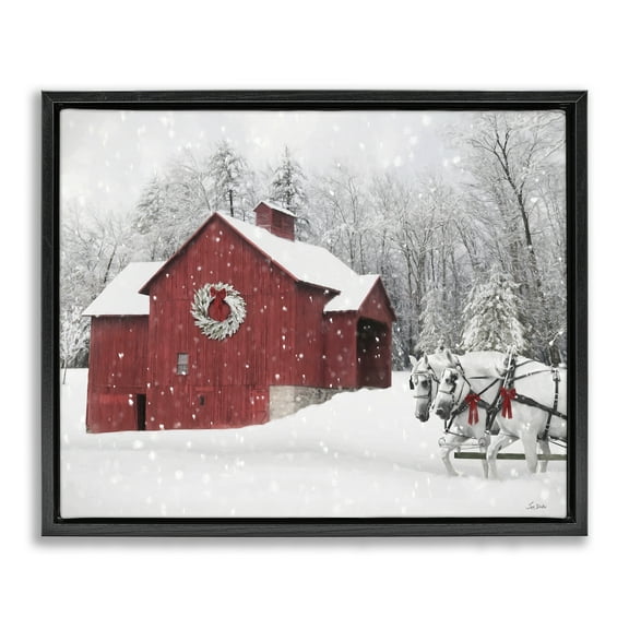 Stupell Industries Snow Covered Red Barn Holiday Painting Black Floater Framed Canvas Art Prints Wall Art, 21 x 17