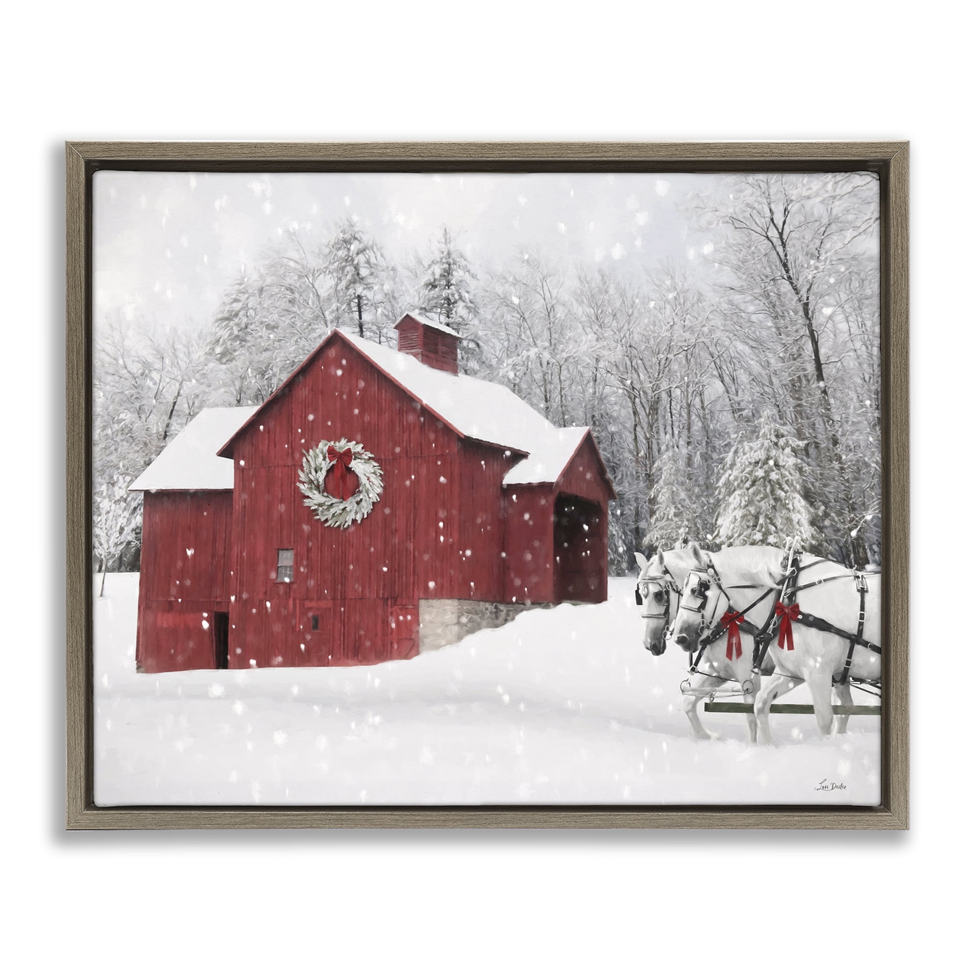Stupell Industries Snow Covered Red Barn Holiday Painting Brown Floater Framed Canvas Art Prints Wall Art, 21 x 17