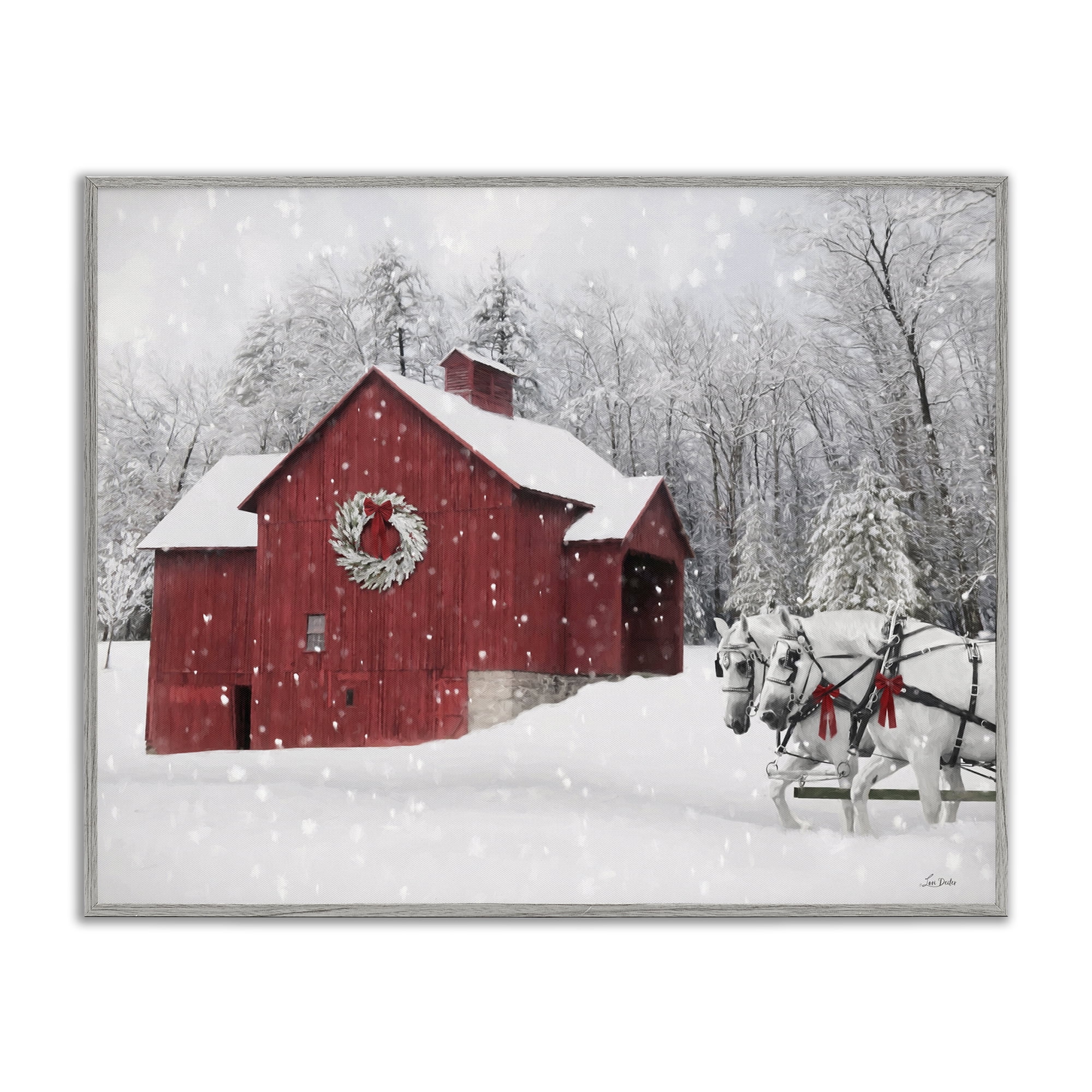 Stupell Industries Snow Covered Red Barn Holiday Painting Gray Framed Art Prints Wall Art, 14 x 11