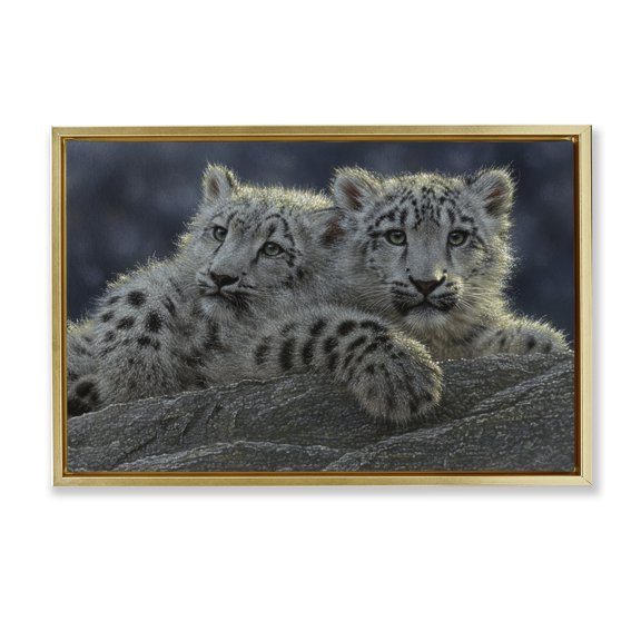 Stupell Industries Snow Leopard Cuddle Gold Framed Floater Canvas Wall Art design by Collin Bogle, 21 x 31