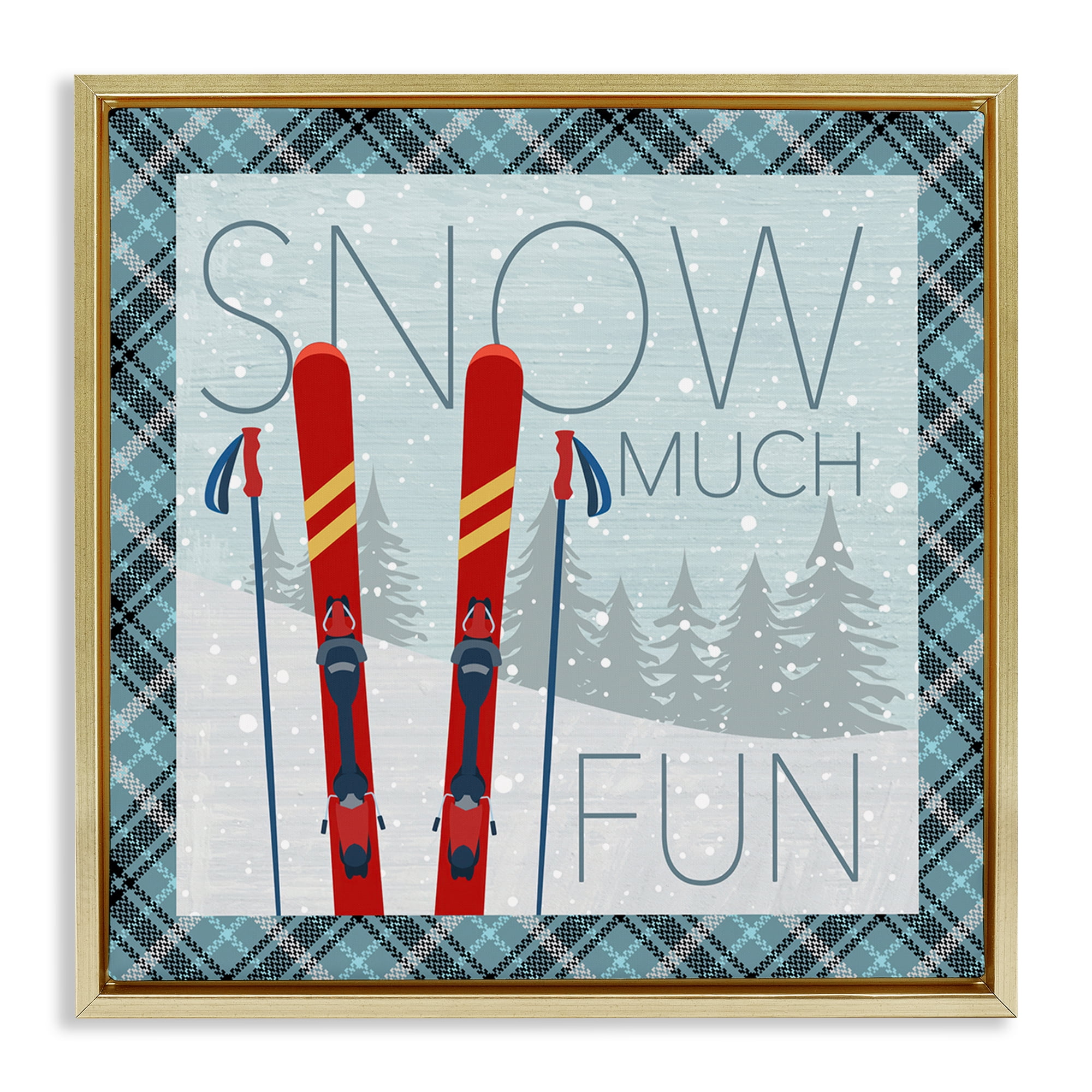 Stupell Industries Snow Much Fun with Plaid Landscape Painting Gold Floater Framed Canvas Art Prints Wall Art, 18 x 18