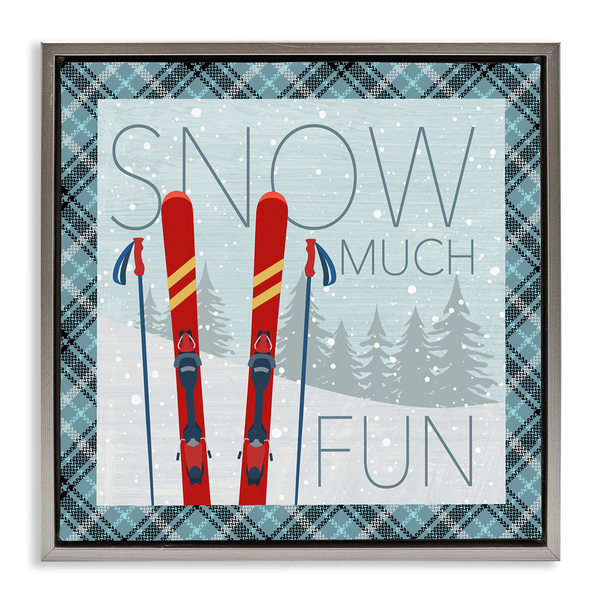 Stupell Industries Snow Much Fun with Plaid Landscape Painting Gray Floater Framed Canvas Art Prints Wall Art, 18 x 18