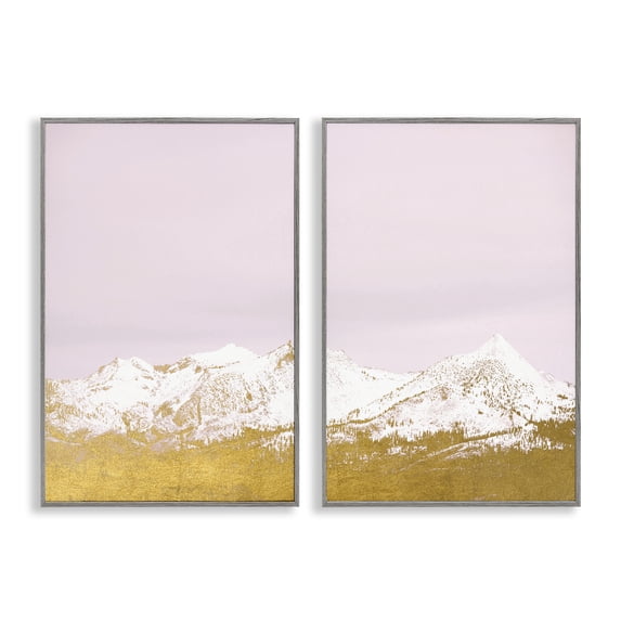 Stupell Industries Snow Tipped Mountains on Pink Landscape & Nature Painting Gray Framed Art Print Wall Art, 12 x 18, Set of 2