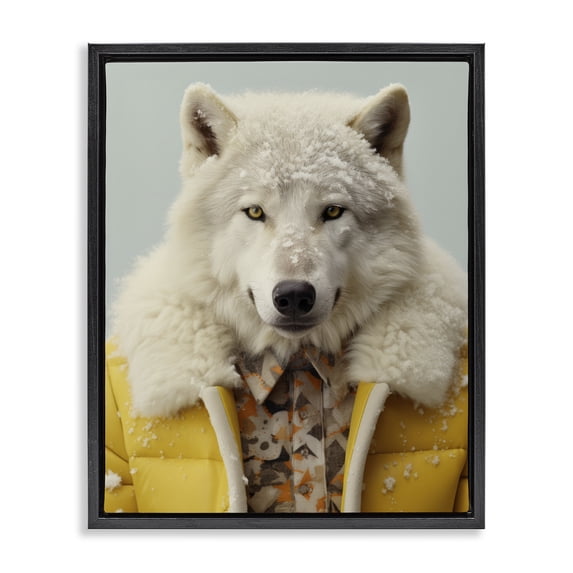 Stupell Industries Eclectic Snow Wolf Yellow Jacket Black Floating Frame Canvas Art, 17 x 21, by Ray Powers