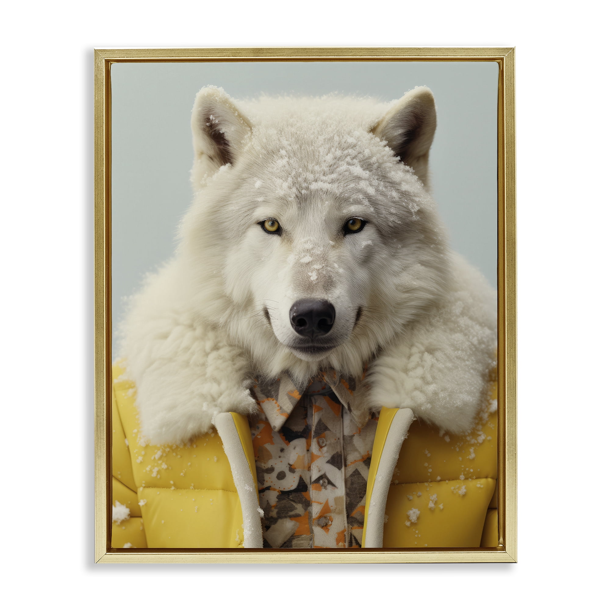 Stupell Industries Snow Wolf Yellow Jacket Gold Framed Floater Canvas Wall Art, design by Ray Powers
