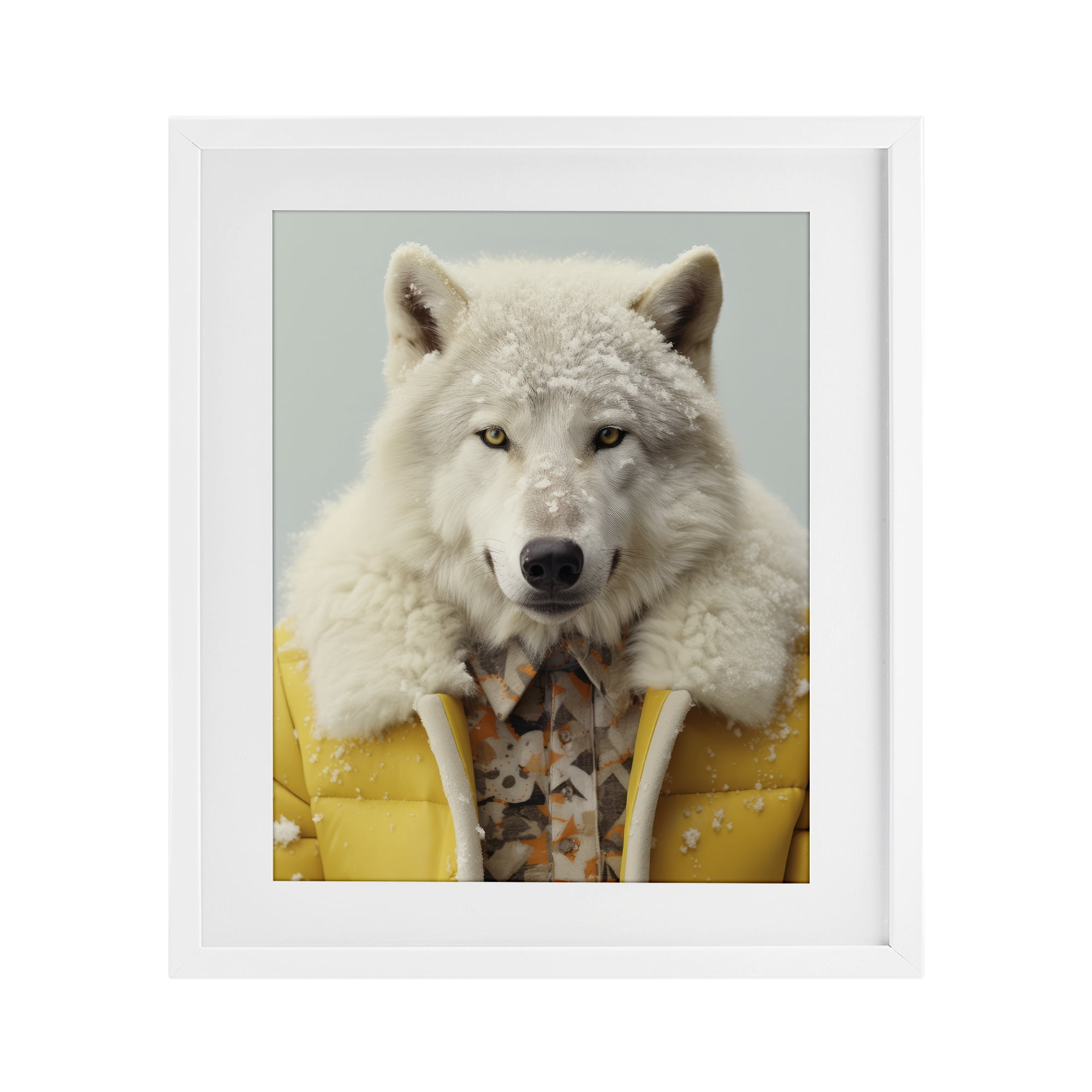 Stupell Industries Snow Wolf Yellow Jacket White Framed Print Under Glass, design by Ray Powers