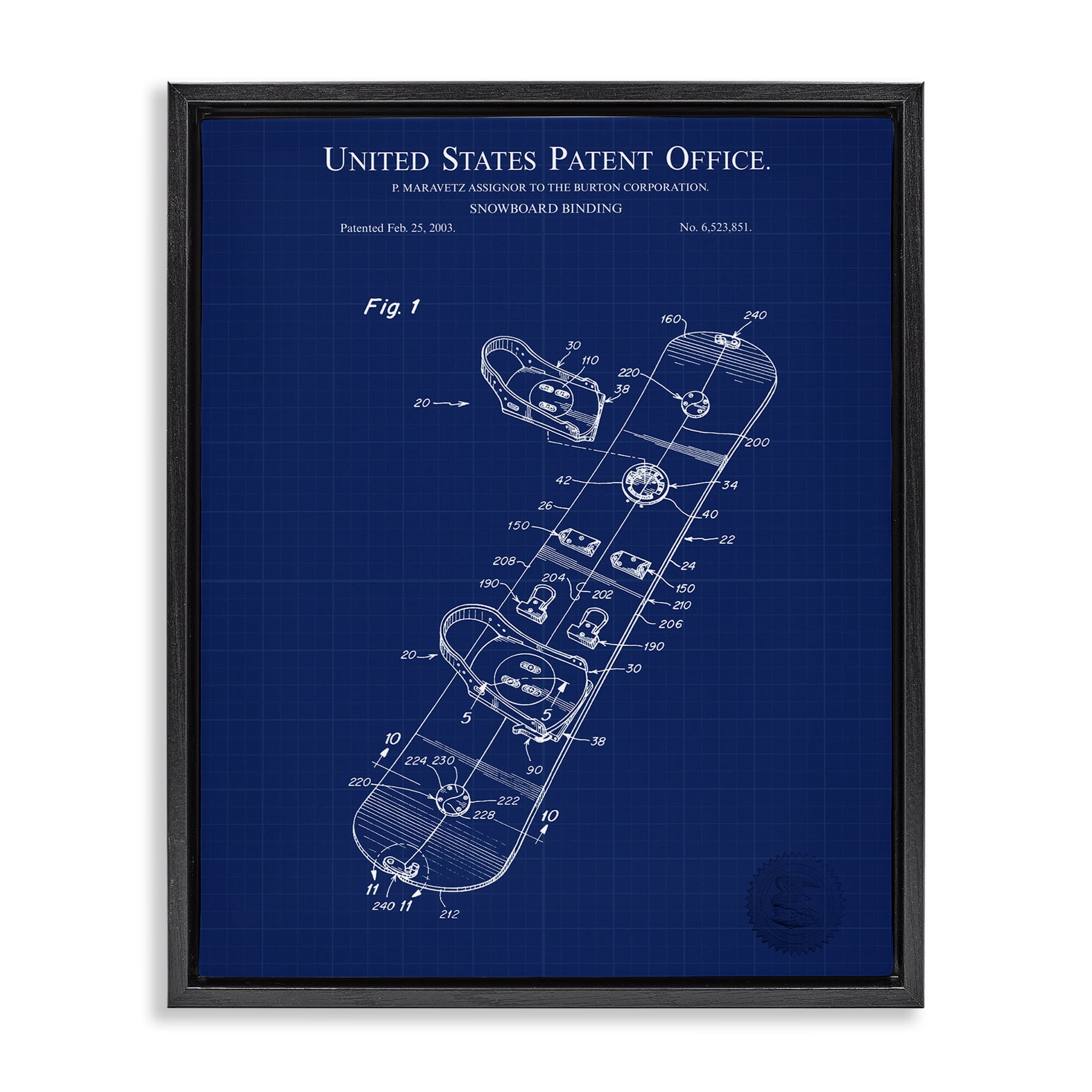 Stupell Industries Snowboard Binding Blueprint Transportation Painting Black Floater Framed Art Print Wall Art, 17 x 21