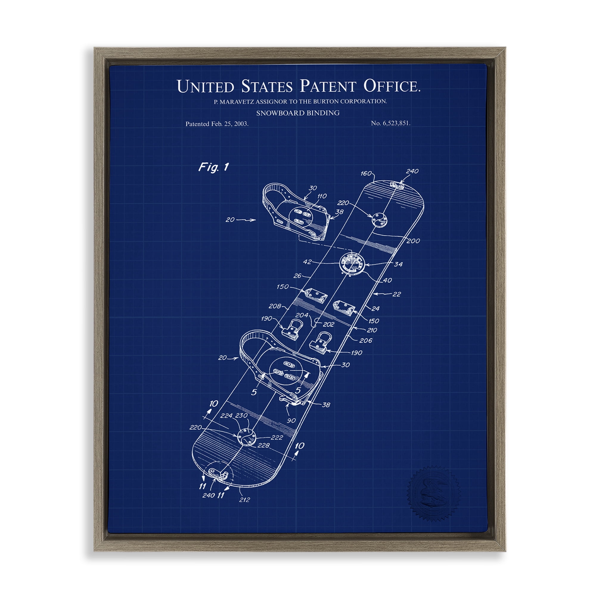 Stupell Industries Snowboard Binding Blueprint Transportation Painting Brown Floater Framed Art Print Wall Art, 25 x 31