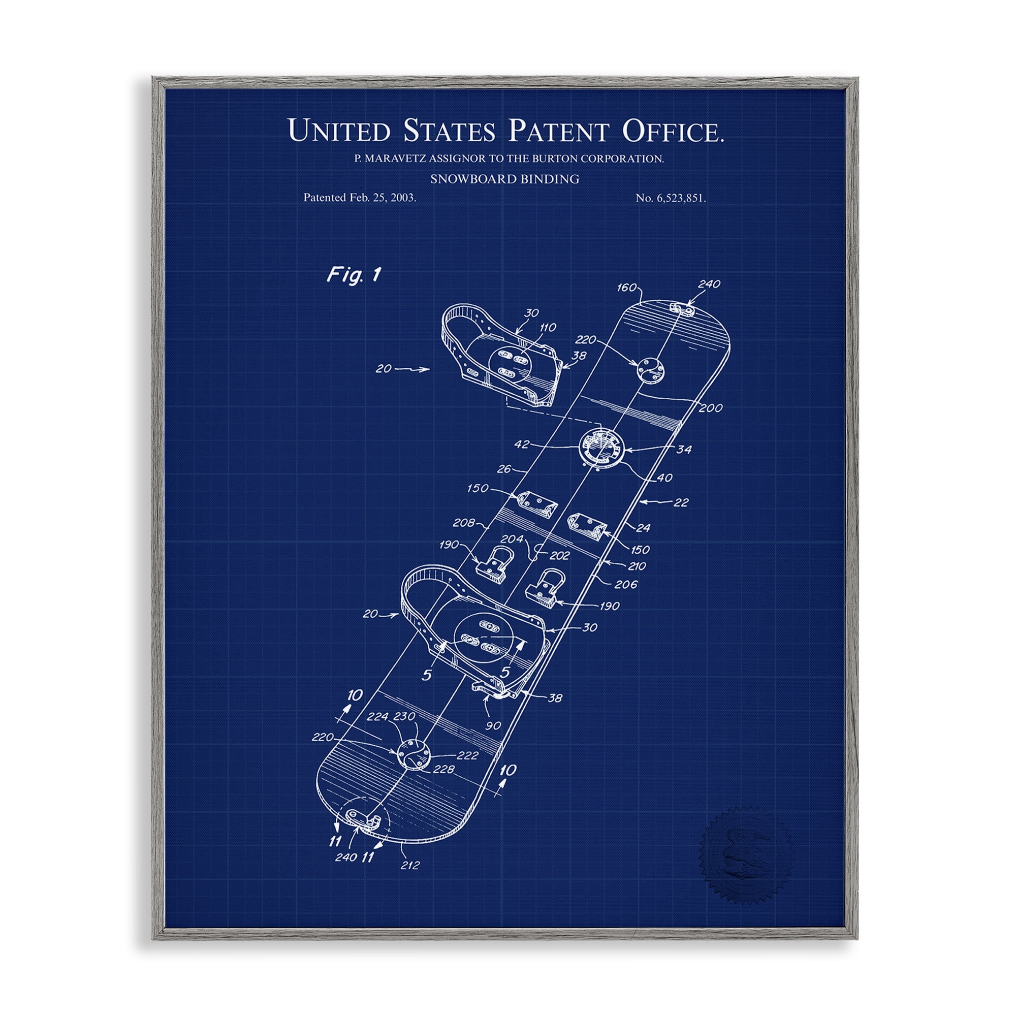 Stupell Industries Snowboard Binding Blueprint Transportation Painting Gray Framed Art Print Wall Art, 16 x 20