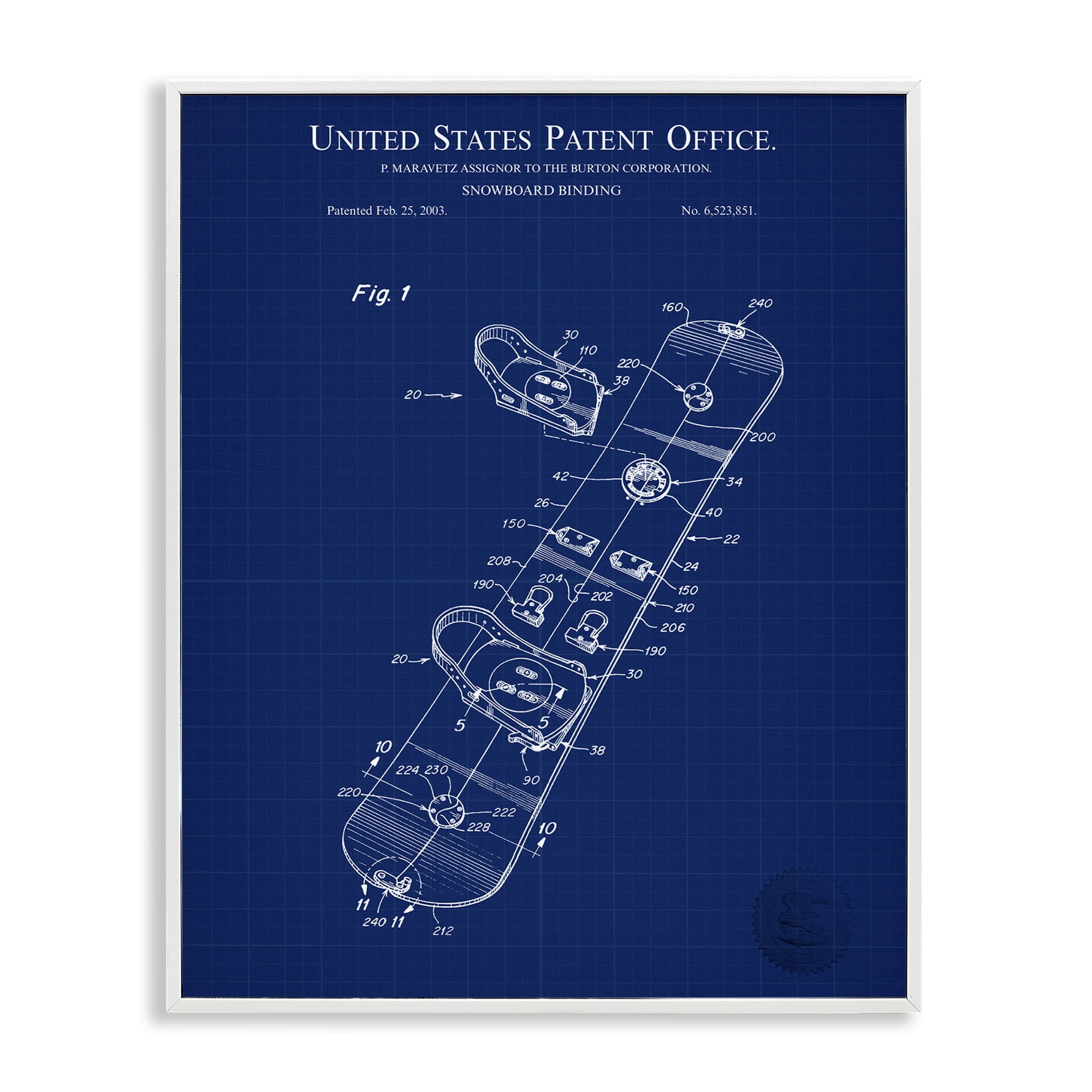 Stupell Industries Snowboard Binding Blueprint Transportation Painting White Framed Art Print Wall Art, 24 x 30