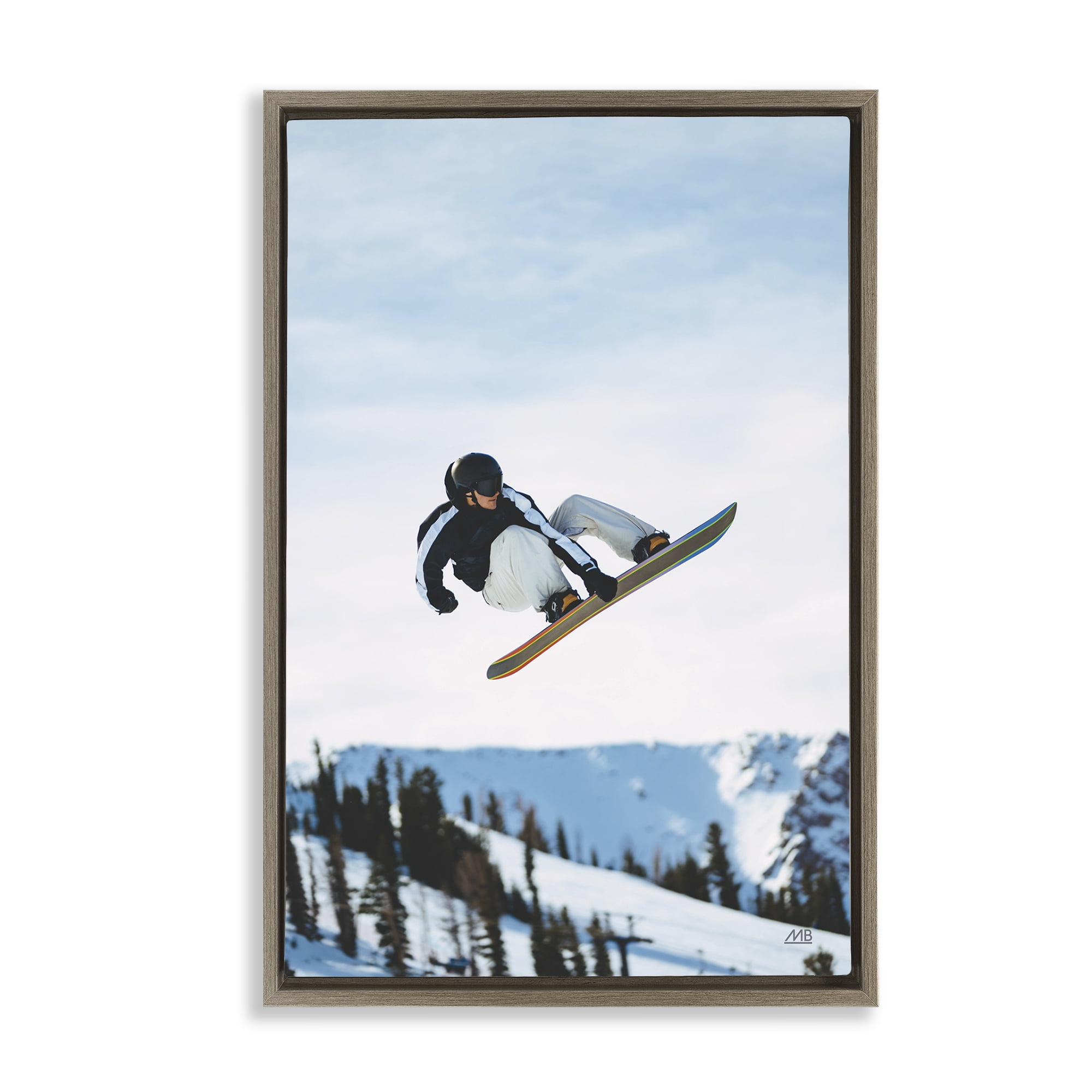 Stupell Industries Snowboarder Air Tricks Sports Photography Brown Floater Framed Canvas Art Print Wall Art, 17 x 25