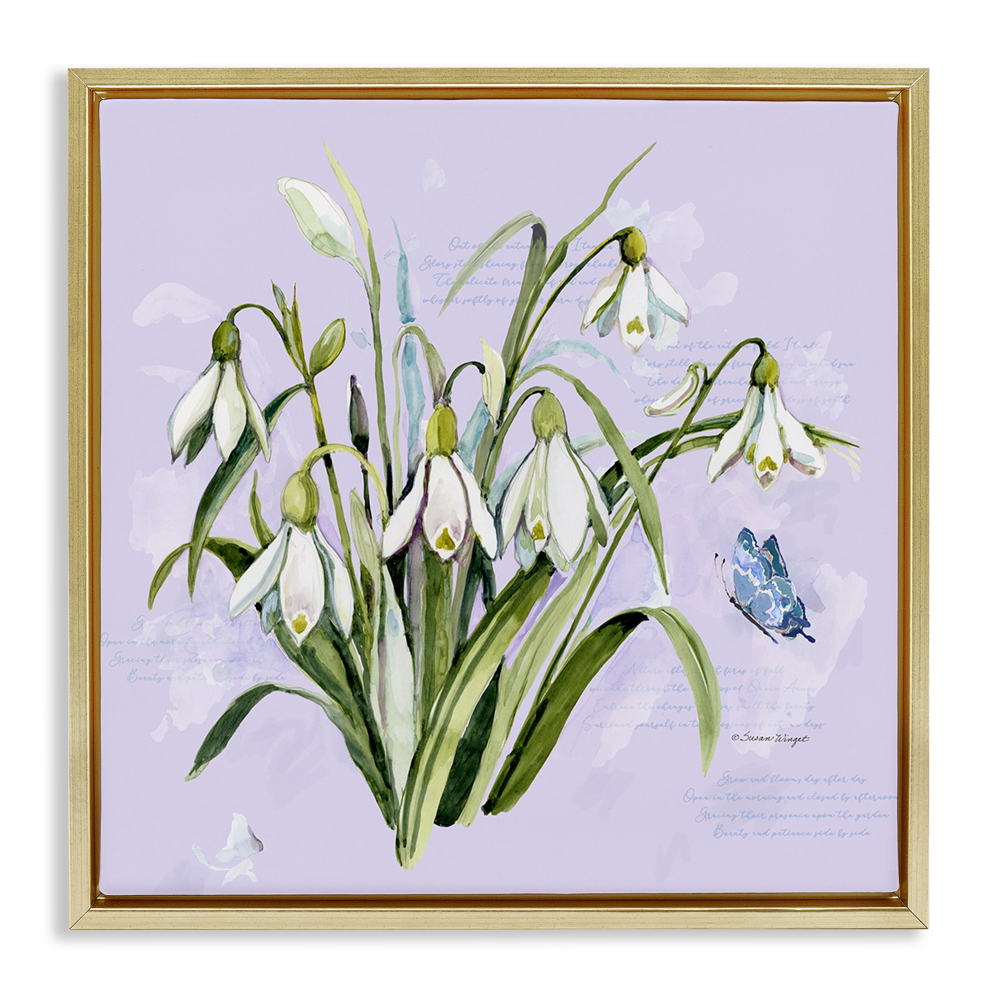 Stupell Industries Snowdrops with Vintage Writings Gold Framed Floater Canvas Wall Art, design by Susan Winget