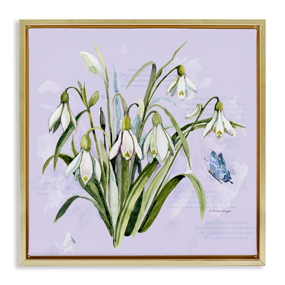 Stupell Industries Traditional Snowdrops with Vintage Writings Gold Floating Frame Canvas Art, 25 x 25, by Susan Winget