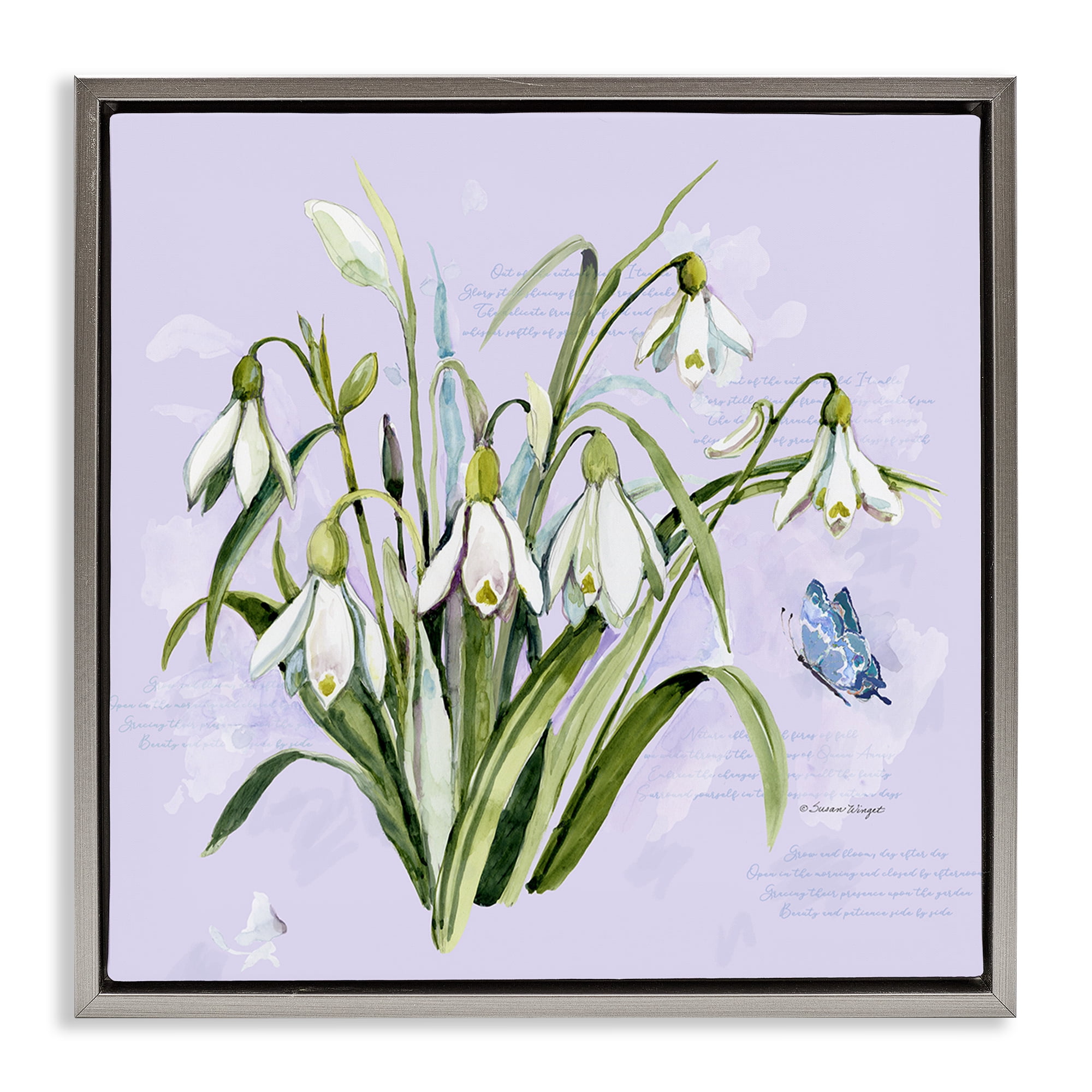 Stupell Industries Snowdrops with Vintage Writings Gray Framed Floater Canvas Wall Art, design by Susan Winget