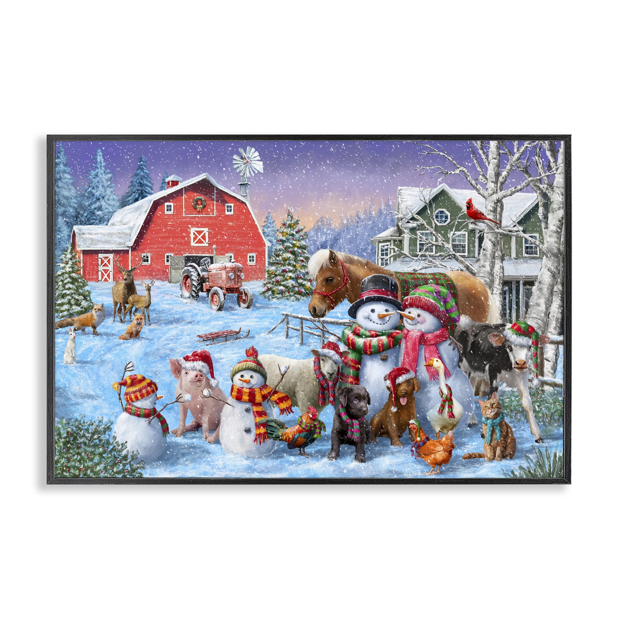 Stupell Industries Snowman & Dogs Family Holiday Painting Black Framed Art Prints Wall Art, 24 x 16