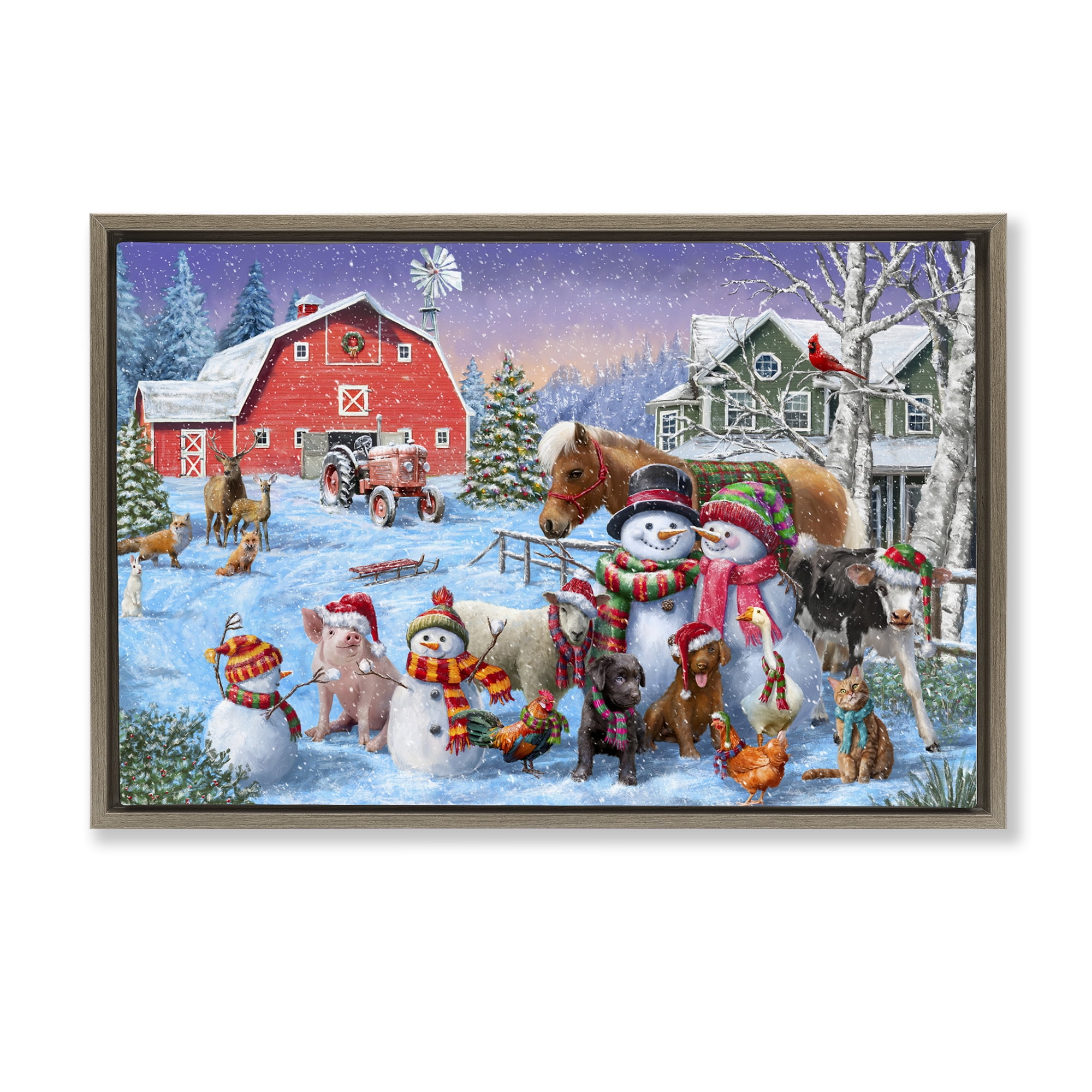 Stupell Industries Snowman & Dogs Family Holiday Painting Brown Floater Framed Canvas Art Prints Wall Art, 31 x 21