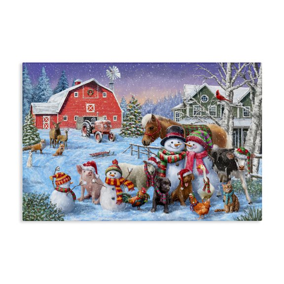 Stupell Industries Snowman & Dogs Family Holiday Painting Gallery Wrapped Canvas Art Prints Wall Art, 24 x 16