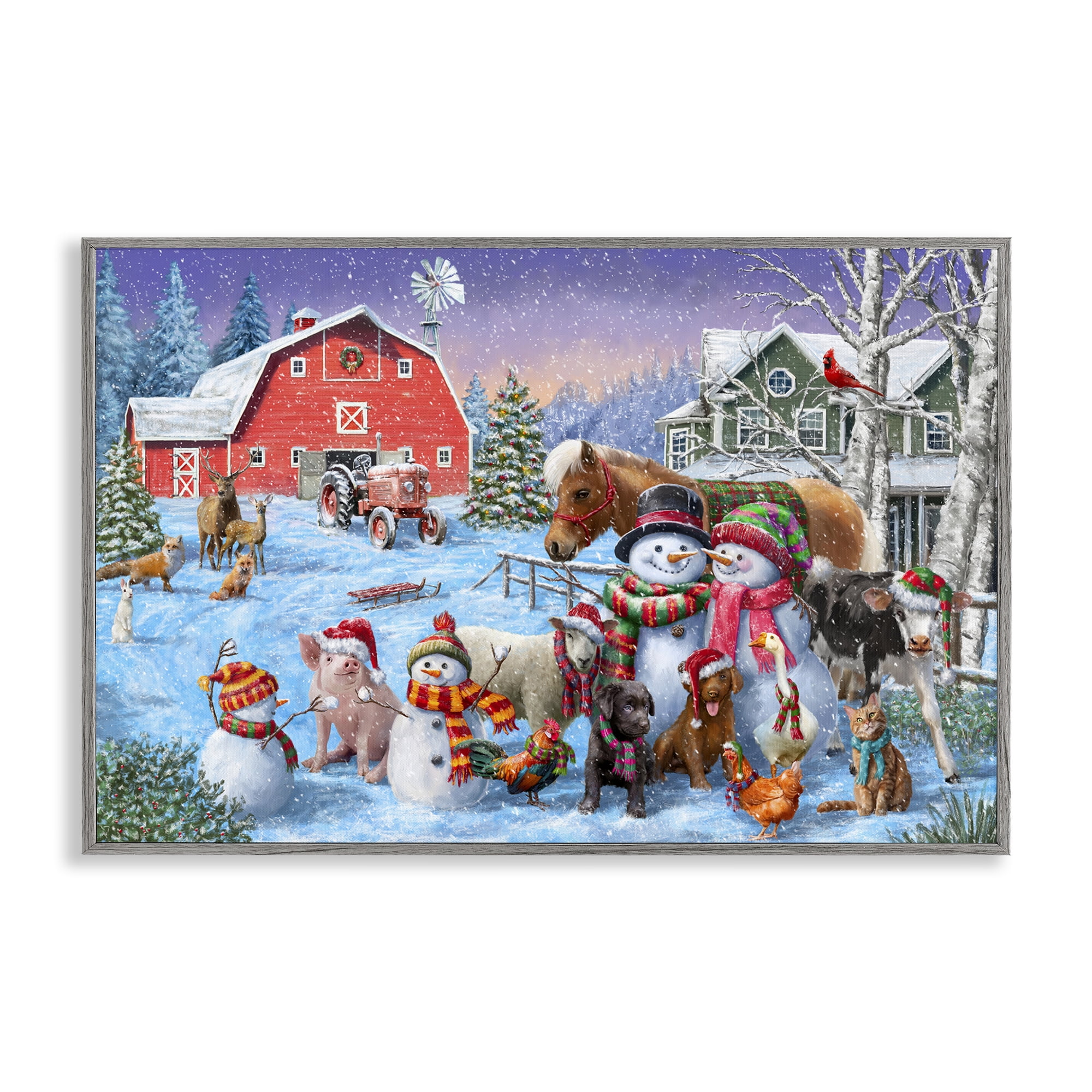 Stupell Industries Snowman & Dogs Family Holiday Painting Gray Framed Art Prints Wall Art, 30 x 20