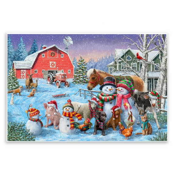 Stupell Industries Snowman & Dogs Family Holiday Painting Unframed Art Prints Wall Art, 15 x 10