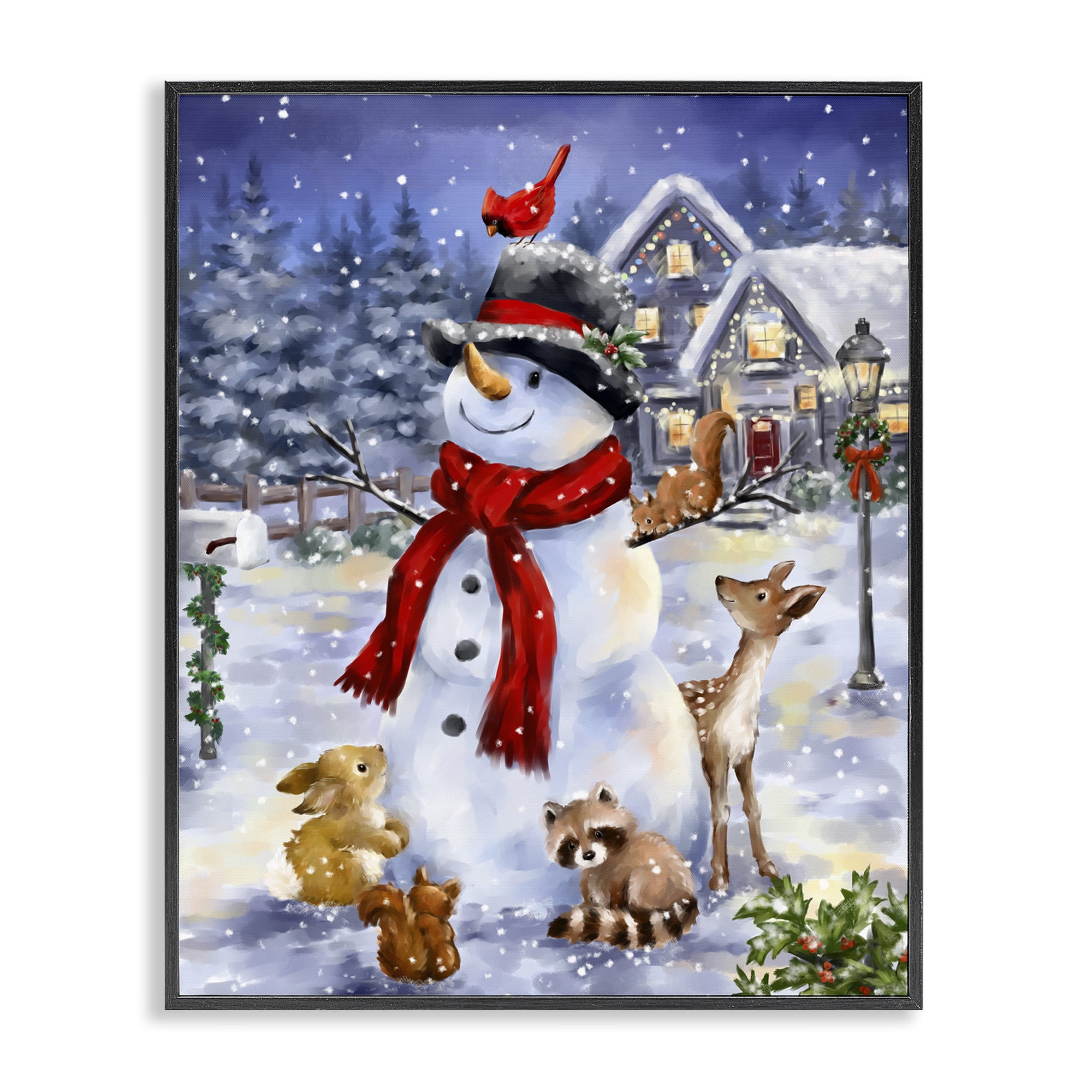 Stupell Industries Snowman & Forest Animals Holiday Painting Black Framed Art Print Wall Art, 24 x 30
