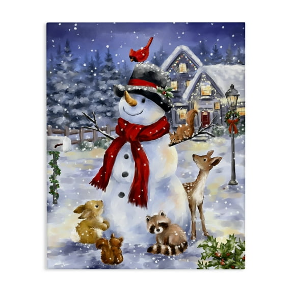 Stupell Industries Snowman & Forest Animals Holiday Painting Gallery Wrapped Canvas Art Print Wall Art, 24 x 30