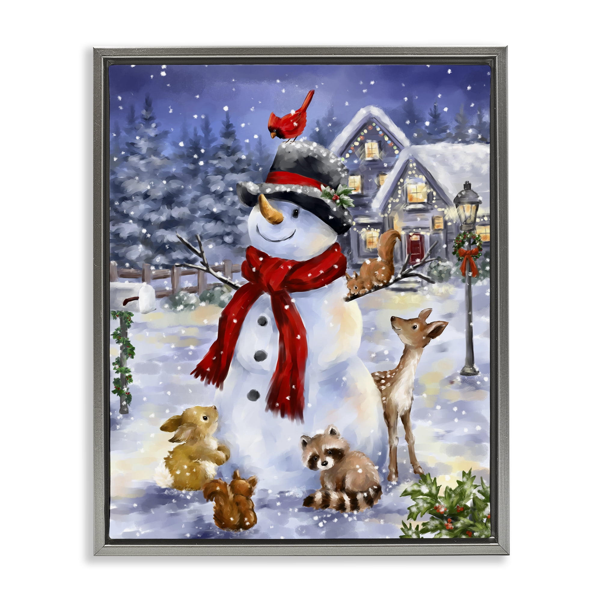 Stupell Industries Snowman & Forest Animals Holiday Painting Gray Floater Framed Art Print Wall Art, 25 x 31