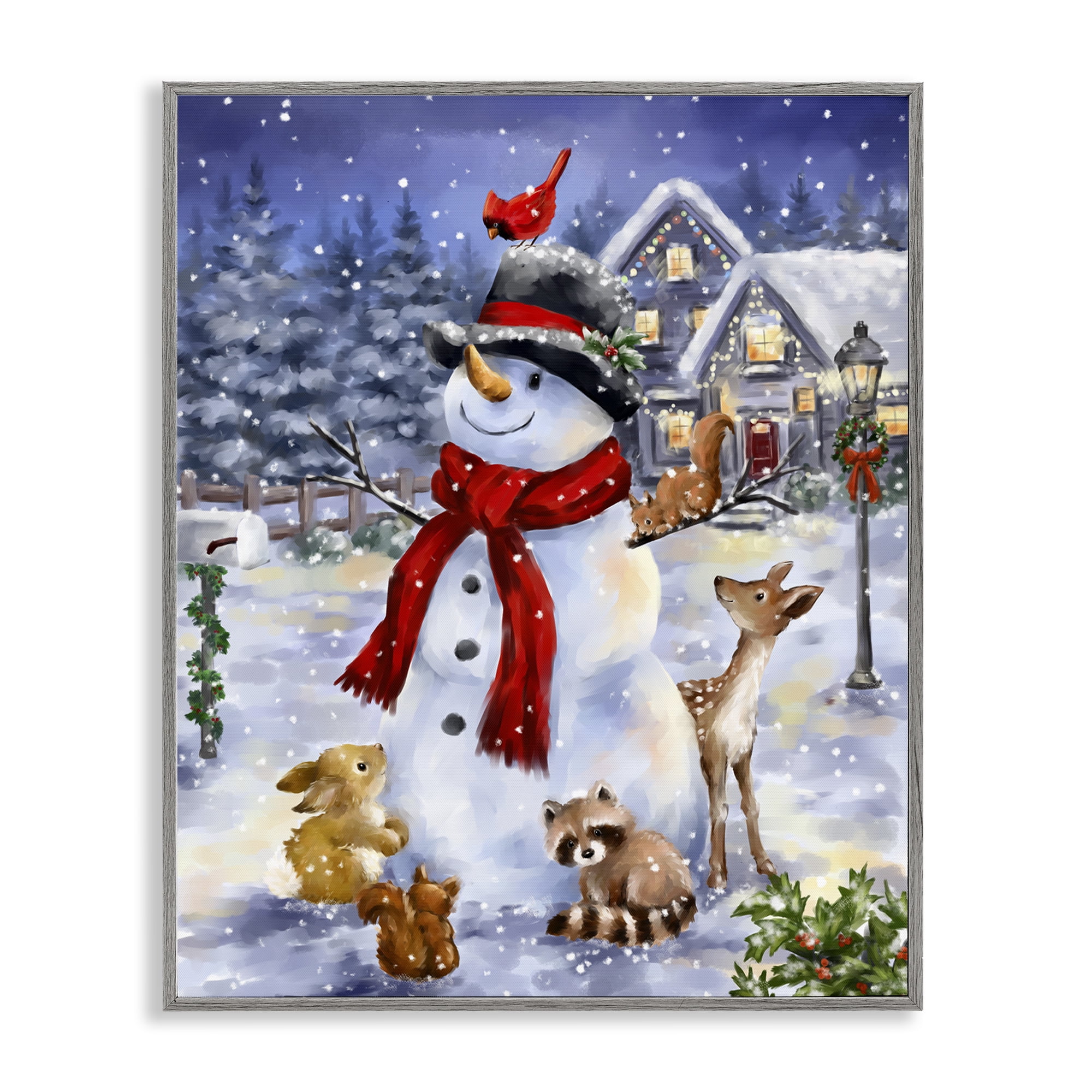 Stupell Industries Snowman & Forest Animals Holiday Painting Gray Framed Art Print Wall Art, 11 x 14