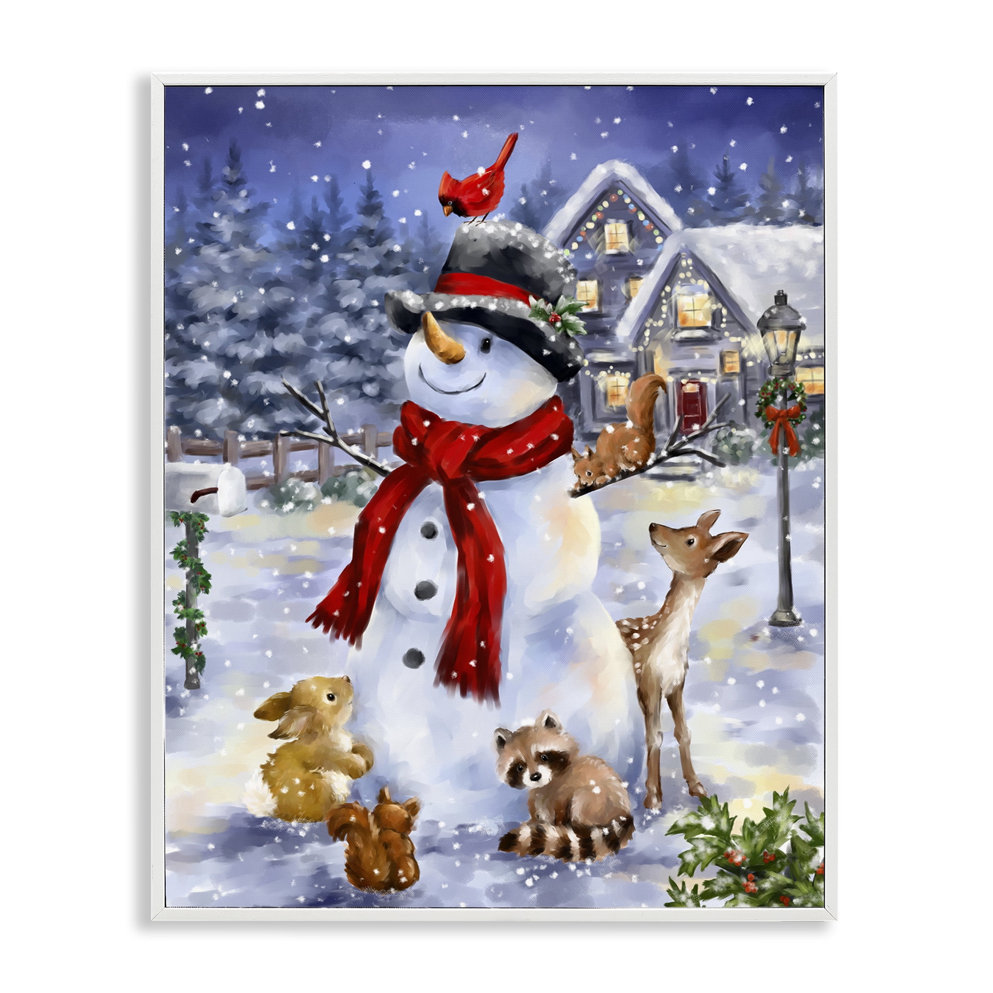 Stupell Industries Snowman & Forest Animals Holiday Painting White Framed Art Print Wall Art, 11 x 14
