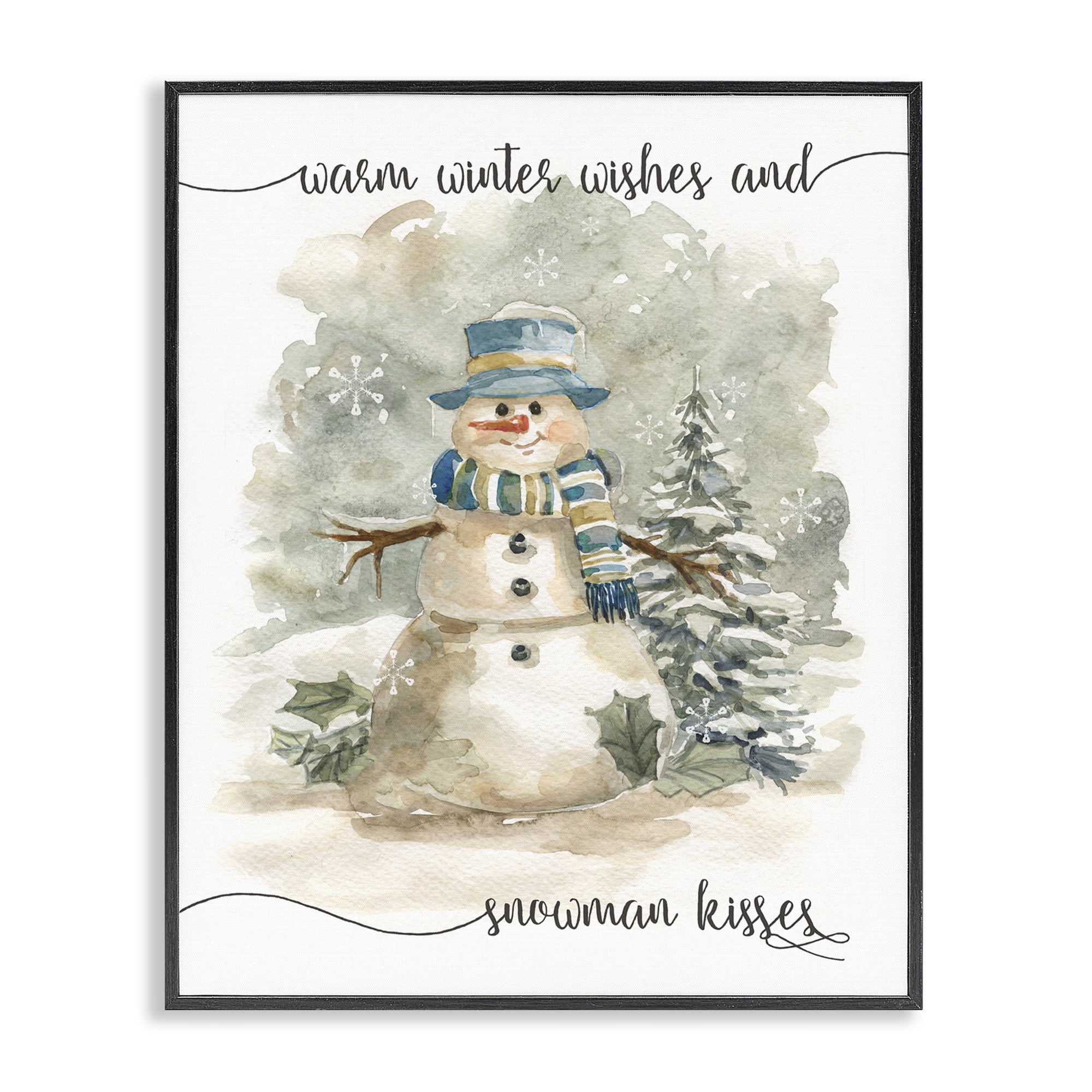 Stupell Industries Snowman Kisses Phrase Holiday Painting Black Framed Art Prints Wall Art, 11 x 14