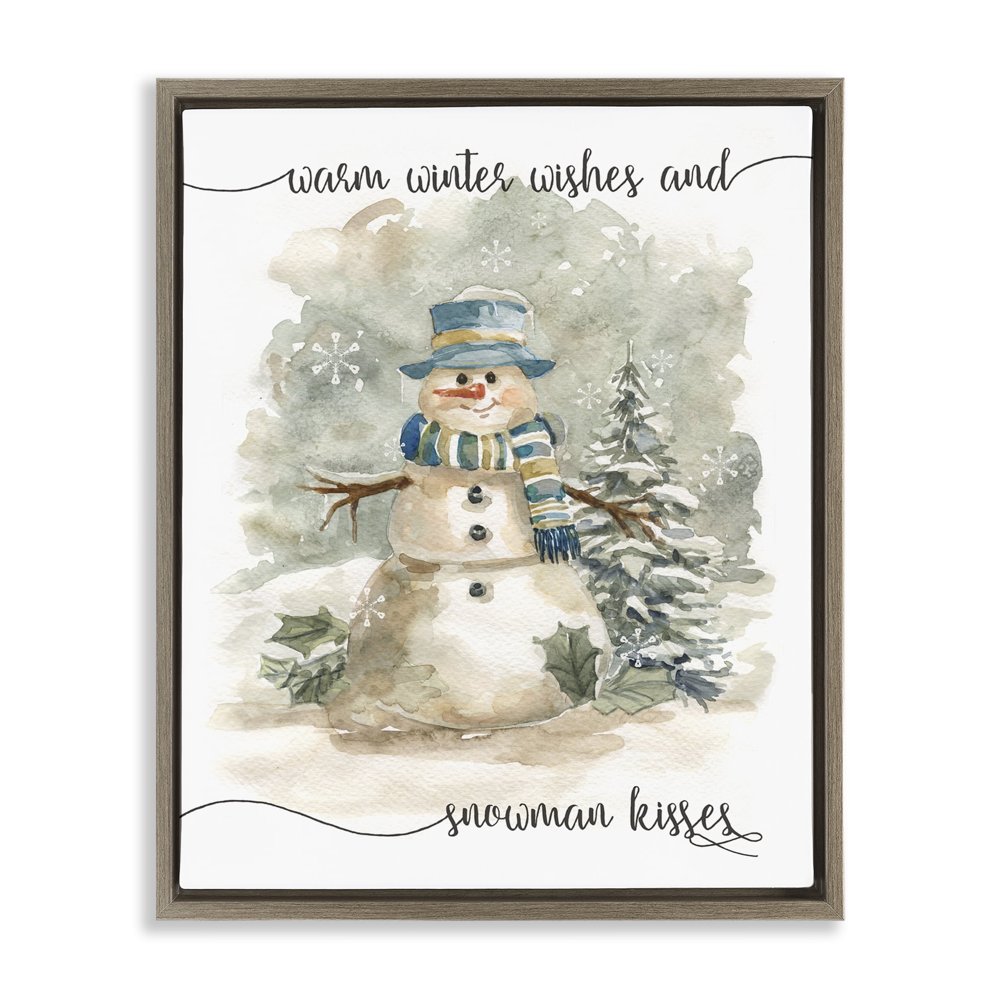 Stupell Industries Snowman Kisses Phrase Holiday Painting Brown Floater Framed Canvas Art Prints Wall Art, 25 x 31