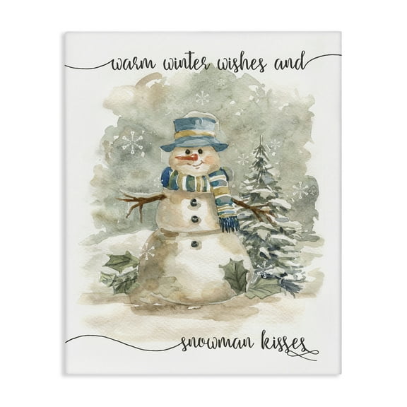 Stupell Industries Snowman Kisses Phrase Holiday Painting Gallery Wrapped Canvas Art Prints Wall Art, 16 x 20