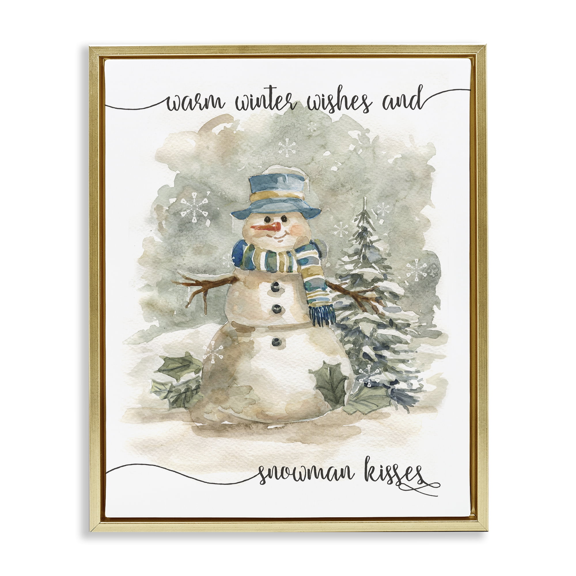 Stupell Industries Snowman Kisses Phrase Holiday Painting Gold Floater Framed Canvas Art Prints Wall Art, 25 x 31
