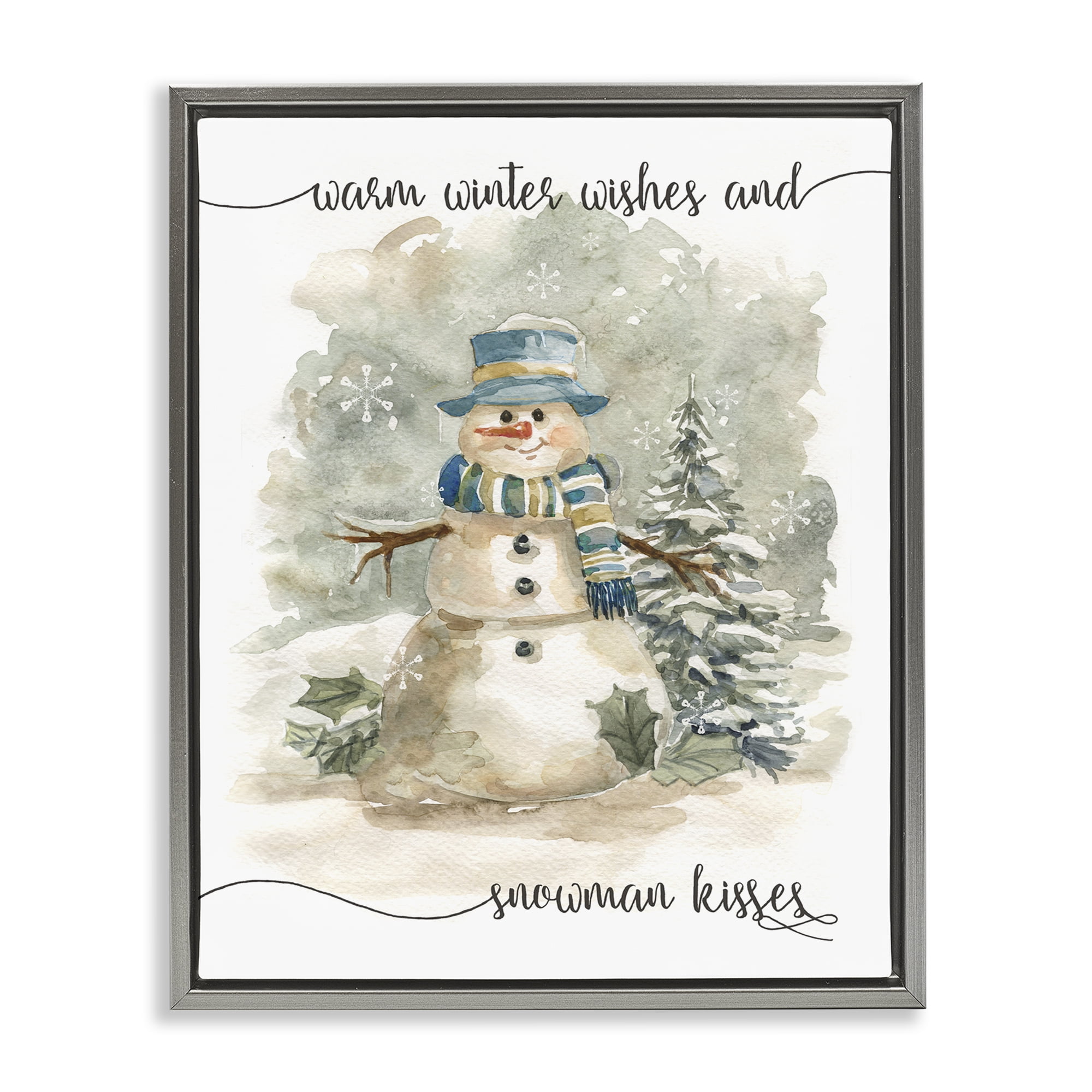 Stupell Industries Snowman Kisses Phrase Holiday Painting Gray Floater Framed Canvas Art Prints Wall Art, 25 x 31