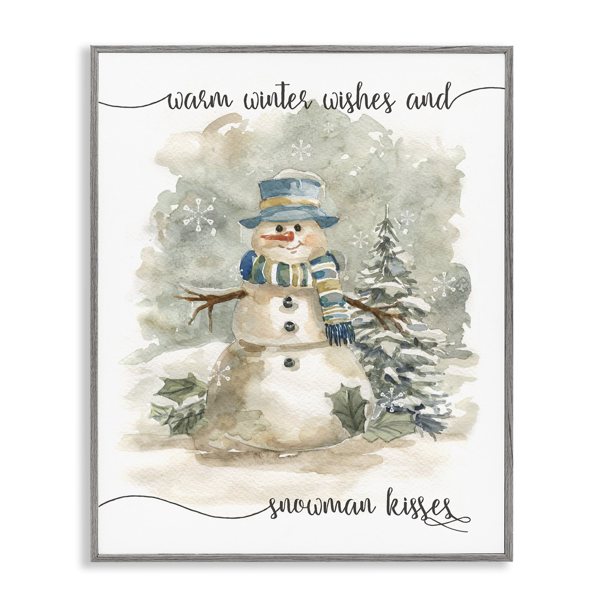Stupell Industries Snowman Kisses Phrase Holiday Painting Gray Framed Art Prints Wall Art, 16 x 20
