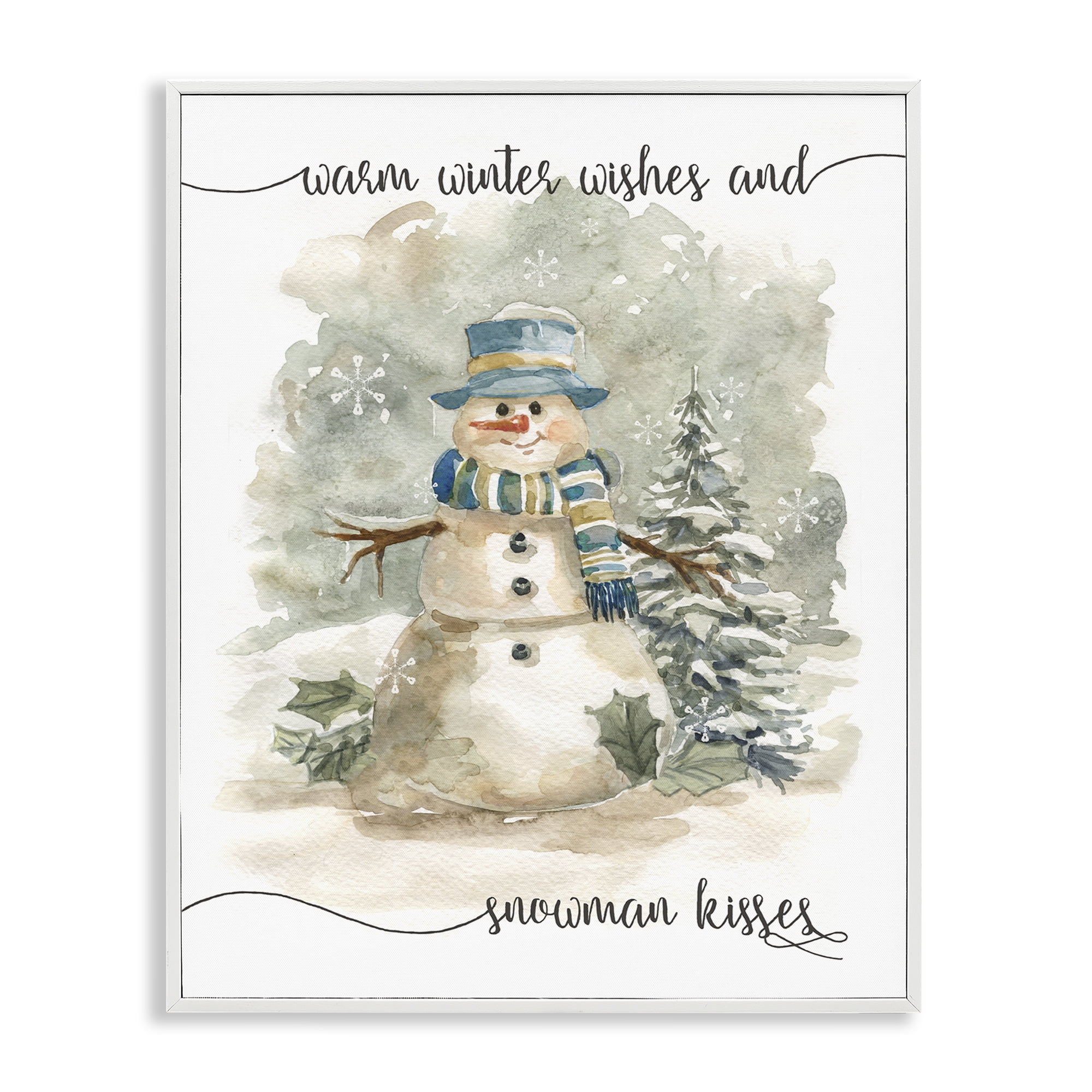 Stupell Industries Snowman Kisses Phrase Holiday Painting White Framed Art Prints Wall Art, 16 x 20