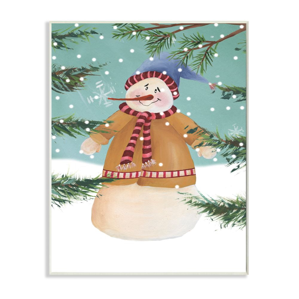 Stupell Industries Snowman Pine Trees Christmas Holiday Illustration Wood Wall Art By Artist Regina Moore