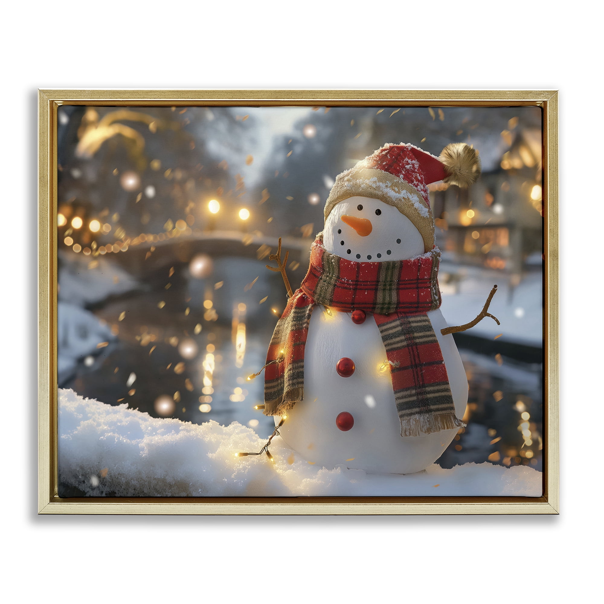 Stupell Industries Snowman Windy Winter Scene Holiday Painting Gold Floater Framed Canvas Art Prints Wall Art, 21 x 17