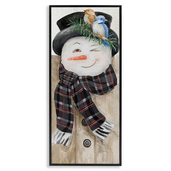 Stupell Industries Snowman Wink Winter Birds Rustic Plaid Scarf Fairy Tales & Fantasy Painting Black Framed Art Print Wall Art, 10 x 24