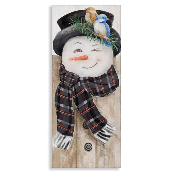 Stupell Industries Snowman Wink Winter Birds Rustic Plaid Scarf Fairy Tales & Fantasy Painting Gallery Wrapped Canvas Print Wall Art, 13 x 30