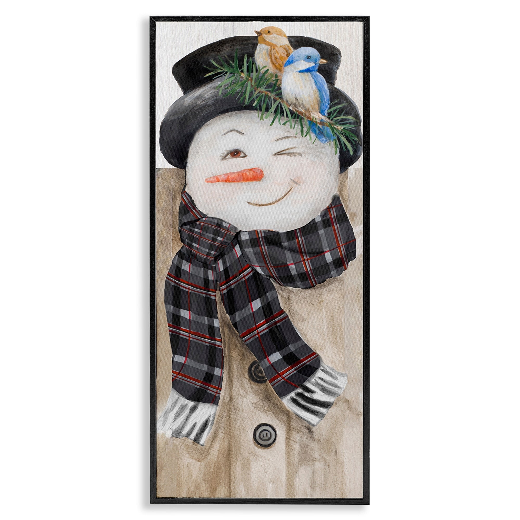 Stupell Industries Snowman Wink Winter Birds Rustic Plaid Scarf Fairy Tales & Fantasy Painting White Framed Art Print Wall Art, 10 x 24
