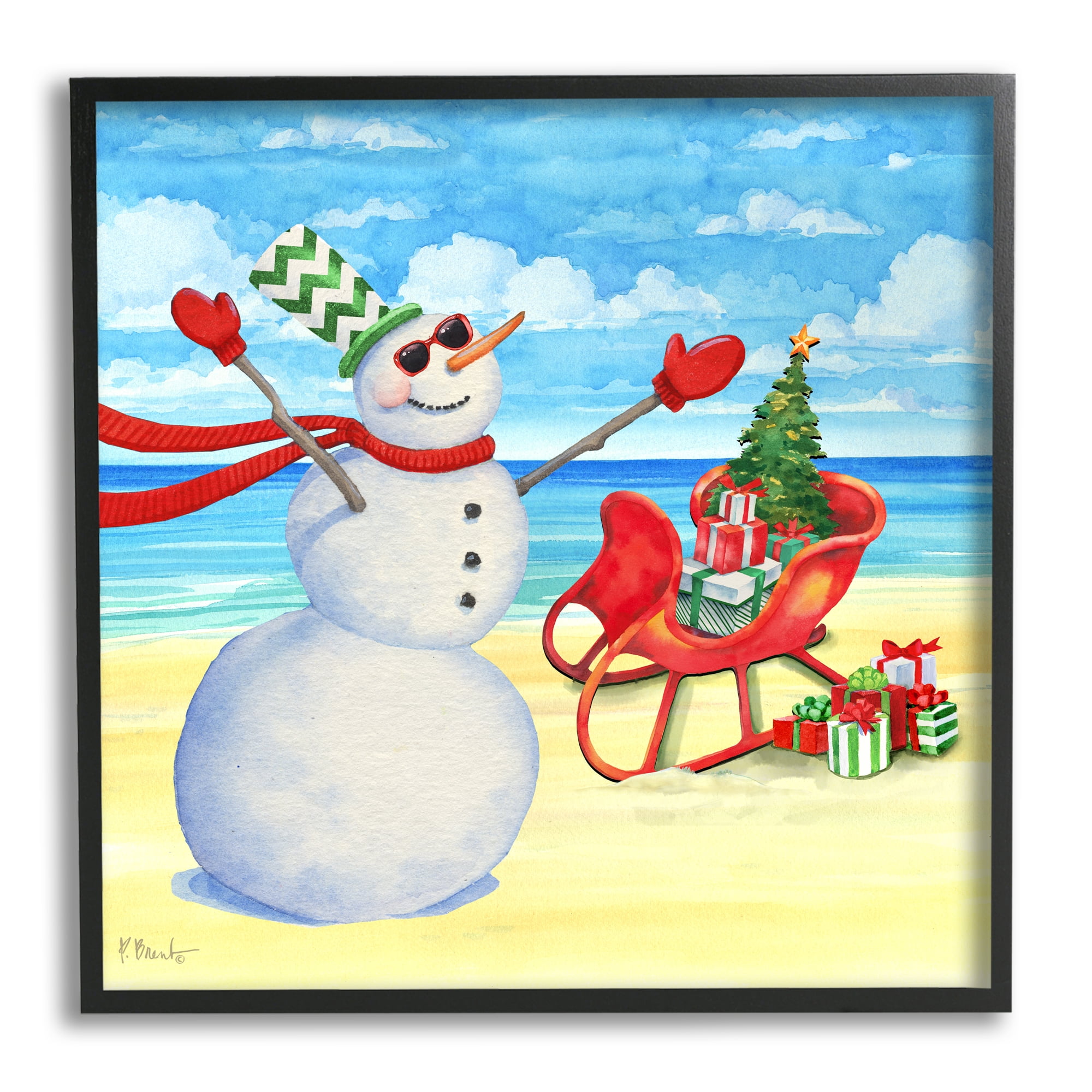 Stupell Industries Snowman on Beach Scene Holiday Painting Black Framed Art Print Wall Art, 24 x 24